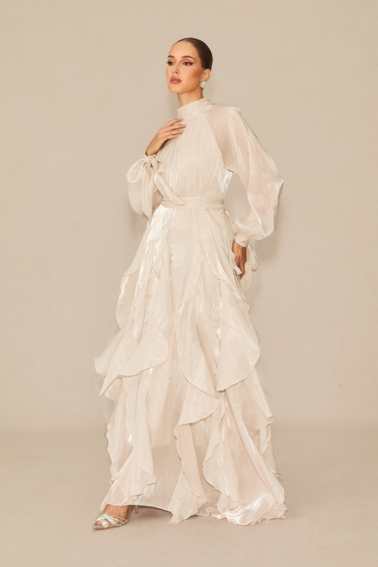 Elegant Puff Sleeve Ruffle Maxi Dress