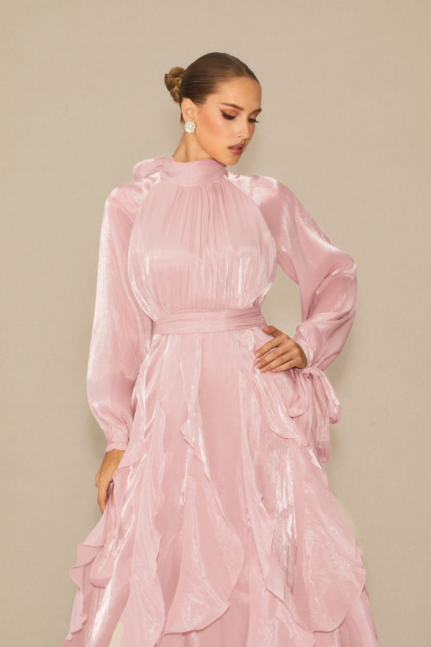 Elegant Puff Sleeve Ruffle Maxi Dress