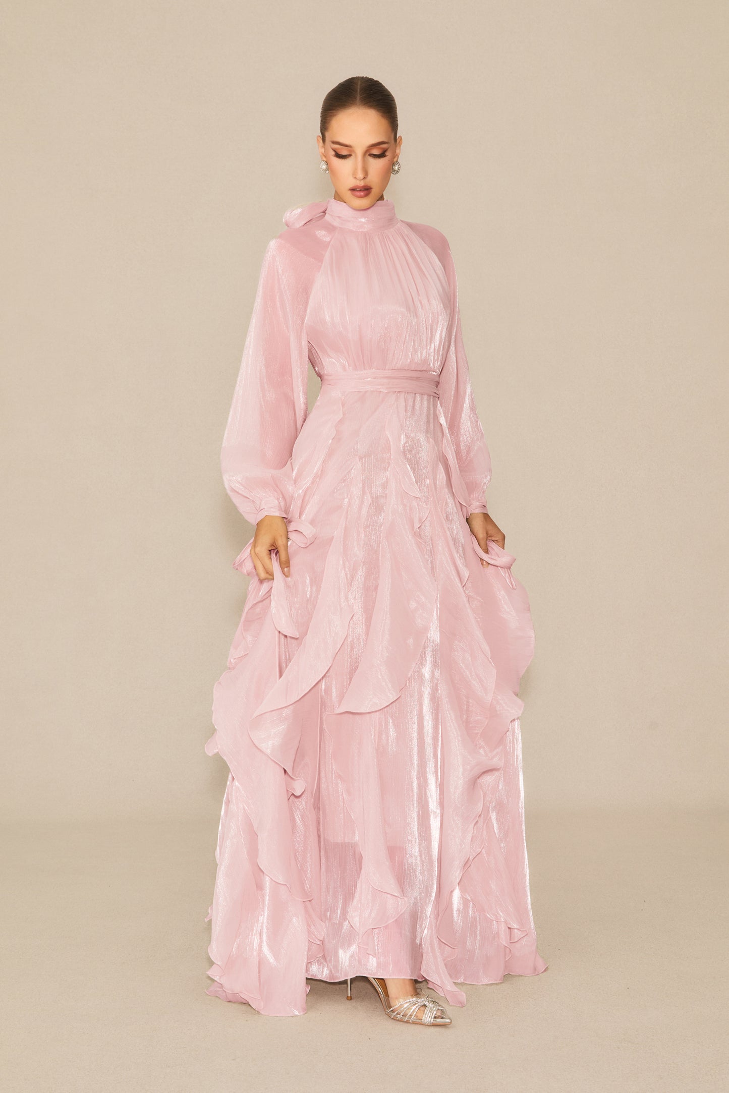 Elegant Puff Sleeve Ruffle Maxi Dress