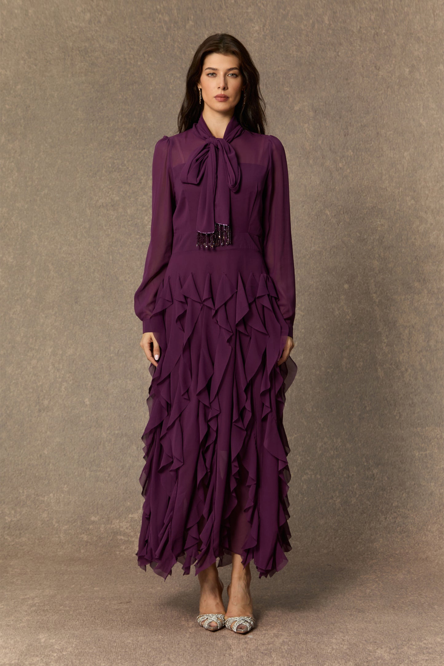 Elegant Purple Bow Neck Ruffle Maxi Dress
