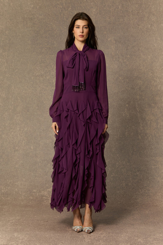Elegant Purple Bow Neck Ruffle Maxi Dress
