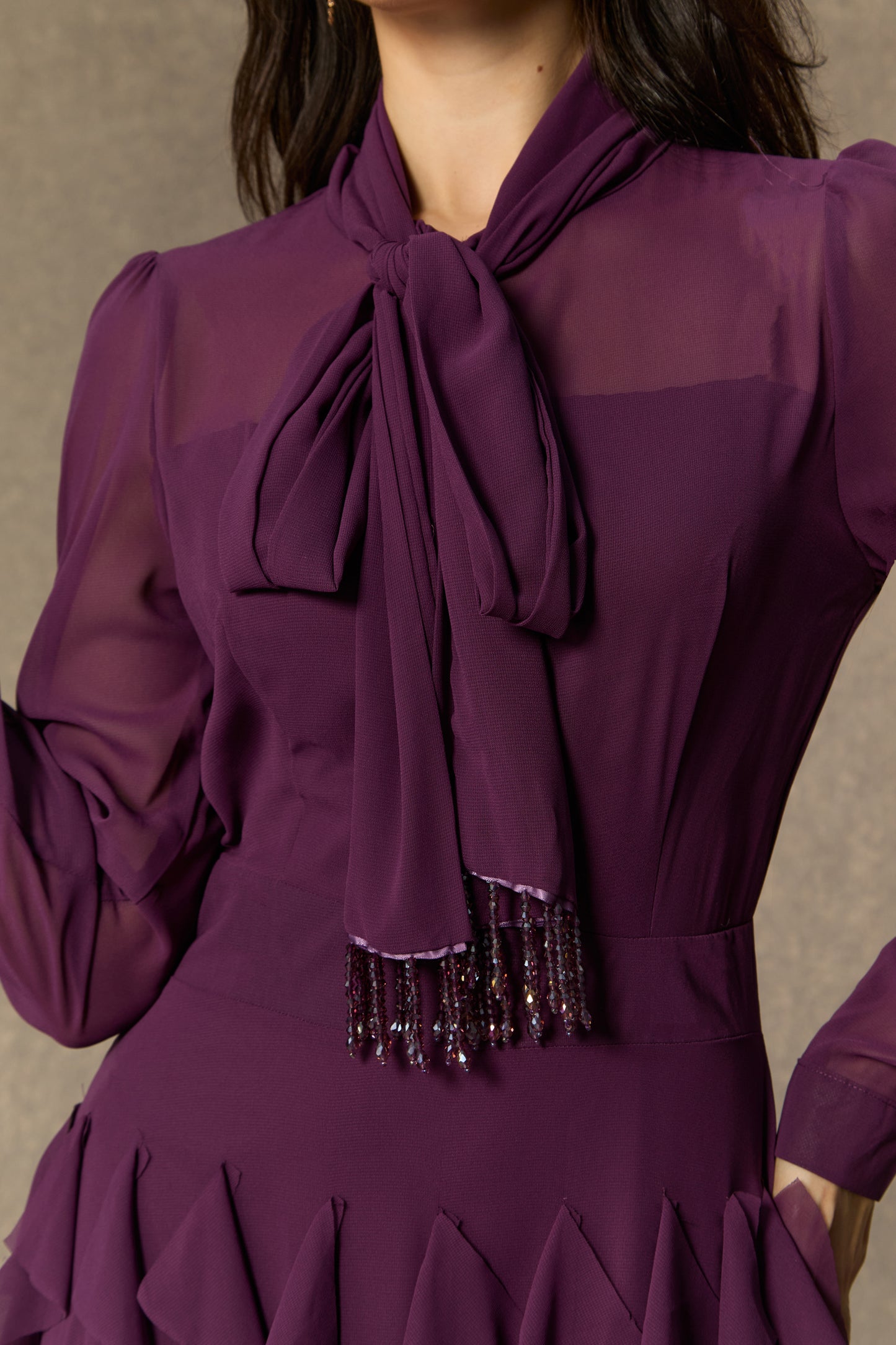 Elegant Purple Bow Neck Ruffle Maxi Dress