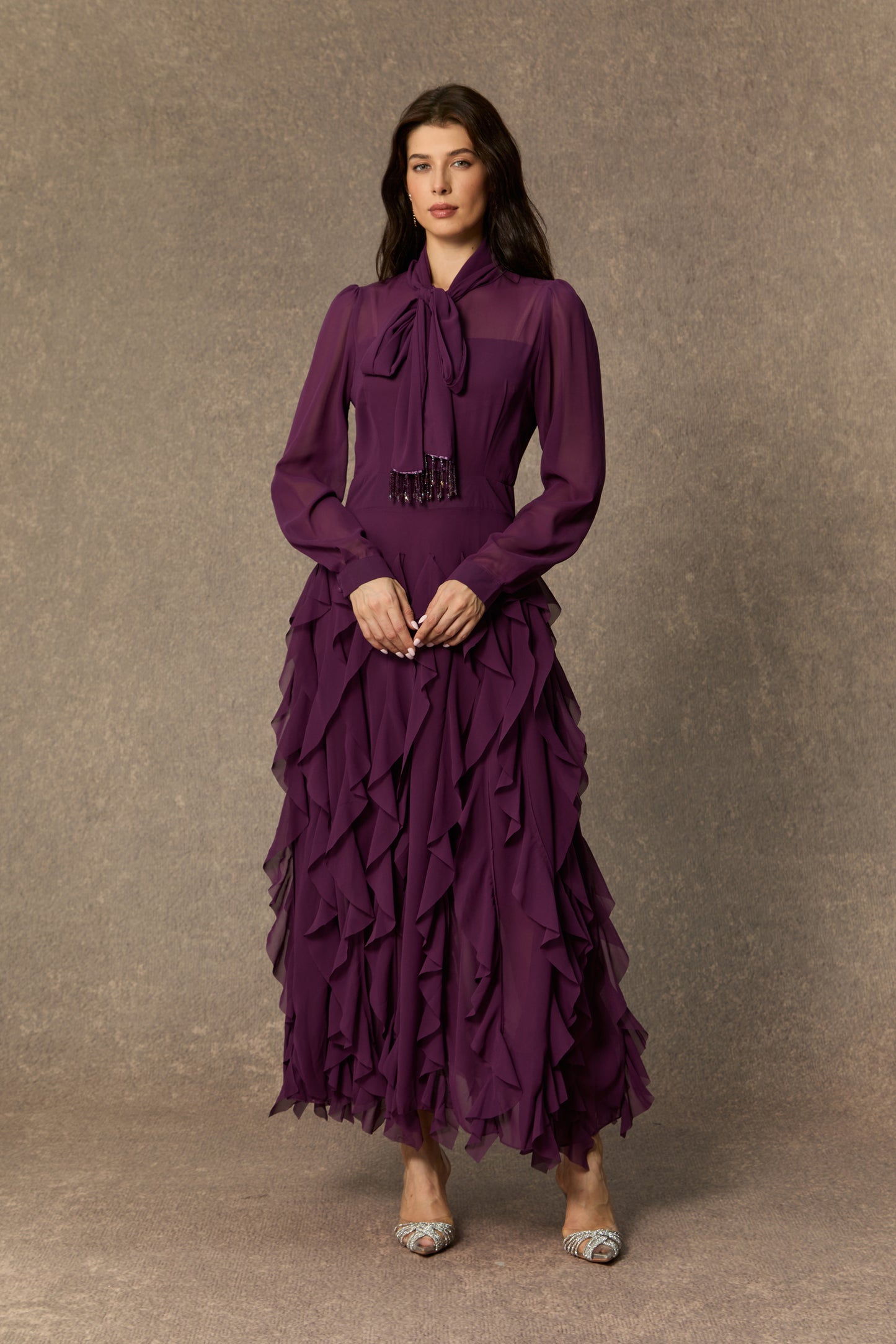 Elegant Purple Bow Neck Ruffle Maxi Dress