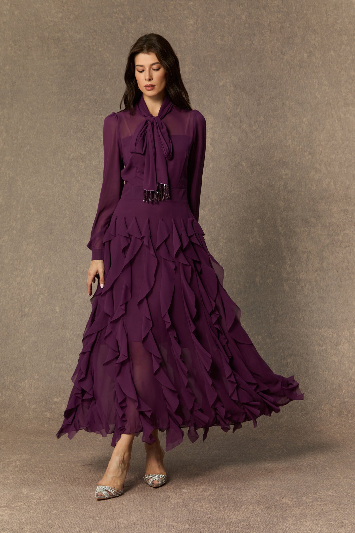 Elegant Purple Bow Neck Ruffle Maxi Dress