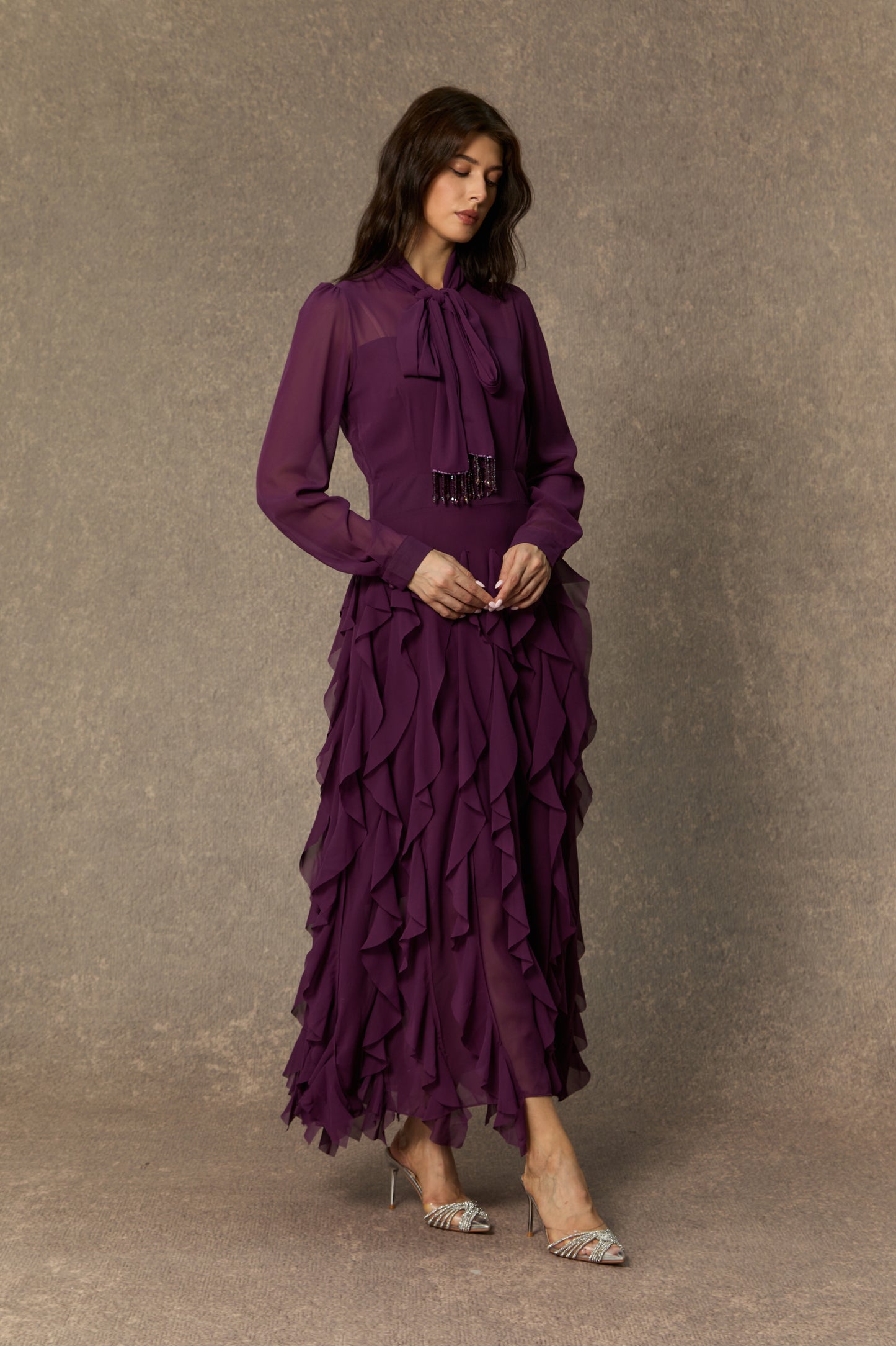 Elegant Purple Bow Neck Ruffle Maxi Dress