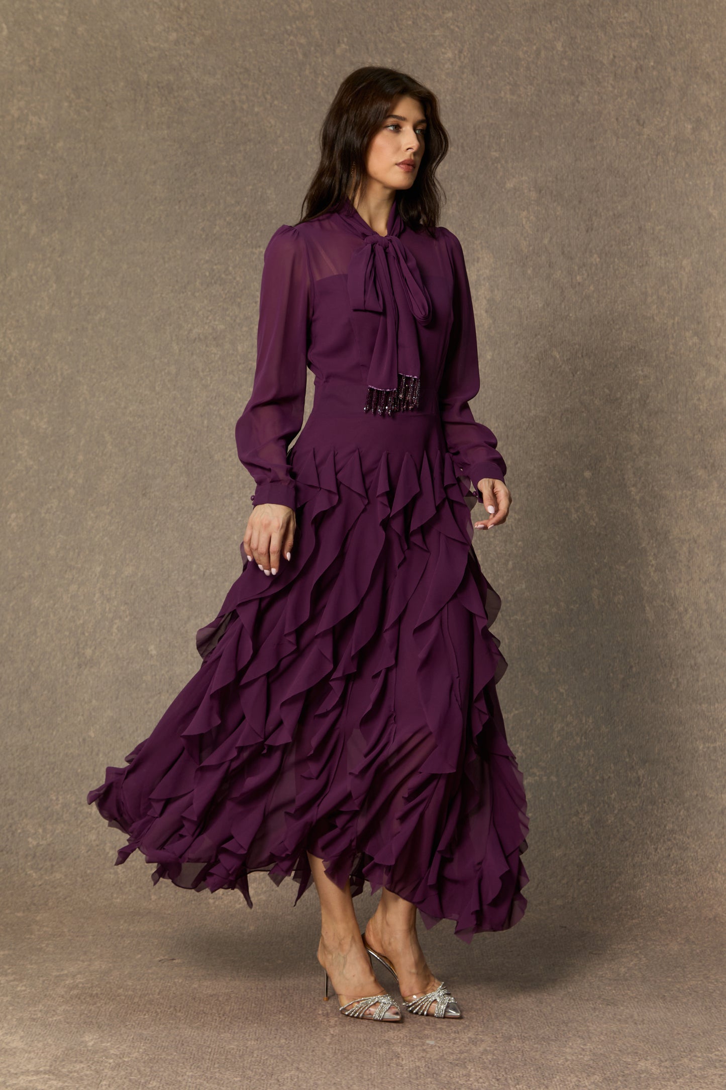 Elegant Purple Bow Neck Ruffle Maxi Dress