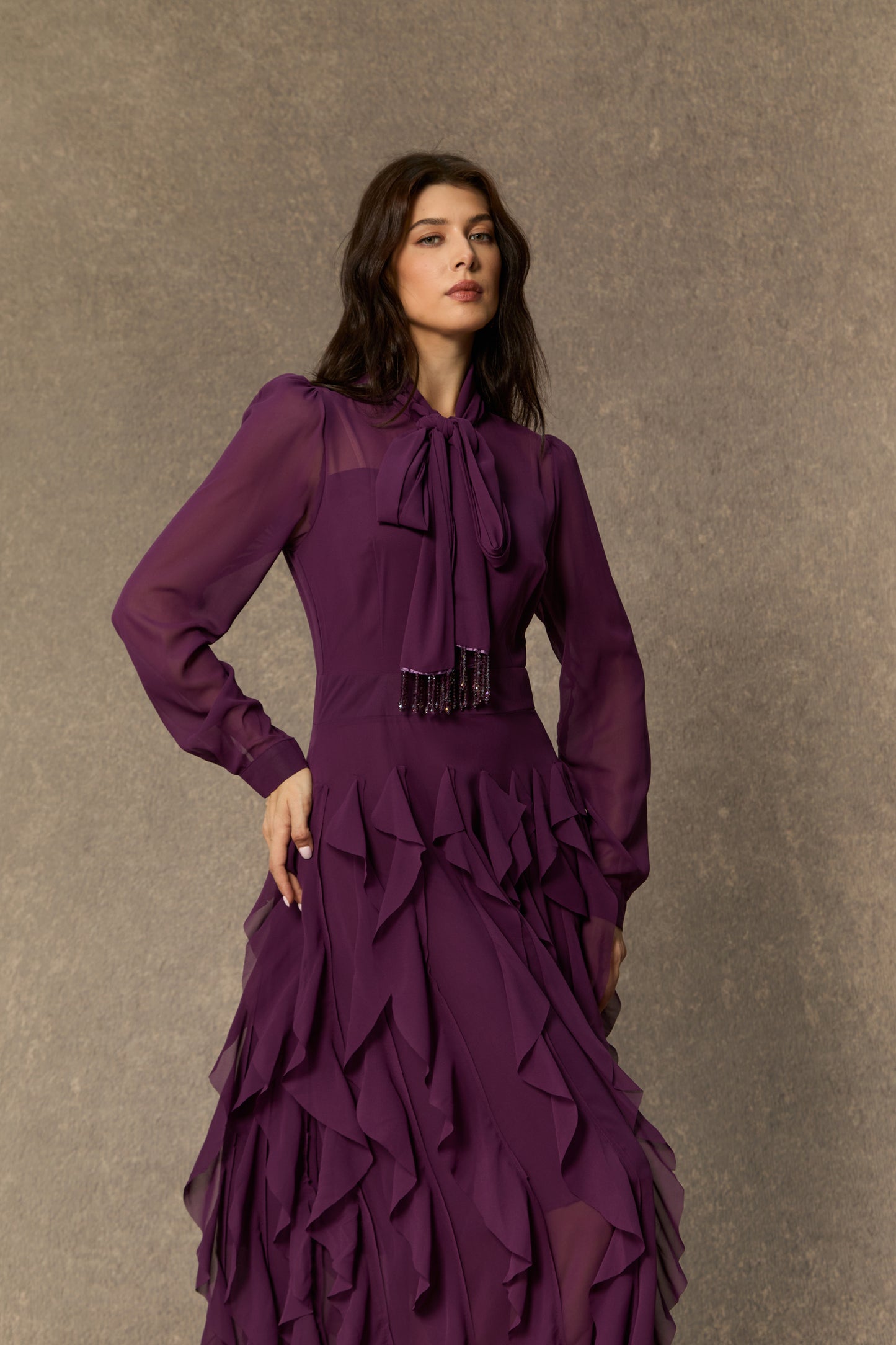 Elegant Purple Bow Neck Ruffle Maxi Dress