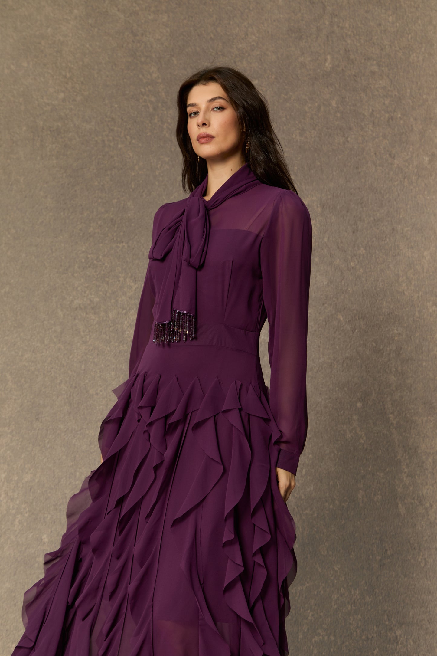 Elegant Purple Bow Neck Ruffle Maxi Dress