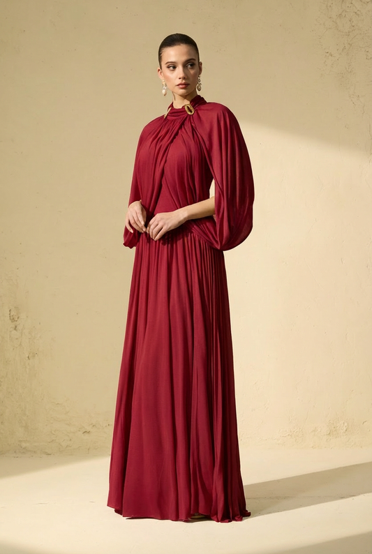 Elegant Red Draped Cape Sleeve Maxi Dress