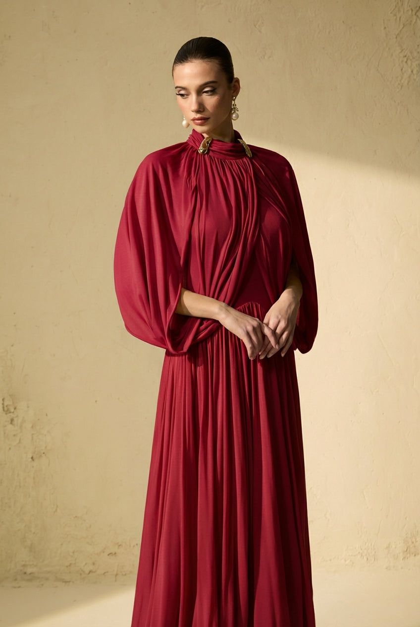 Elegant Red Draped Cape Sleeve Maxi Dress