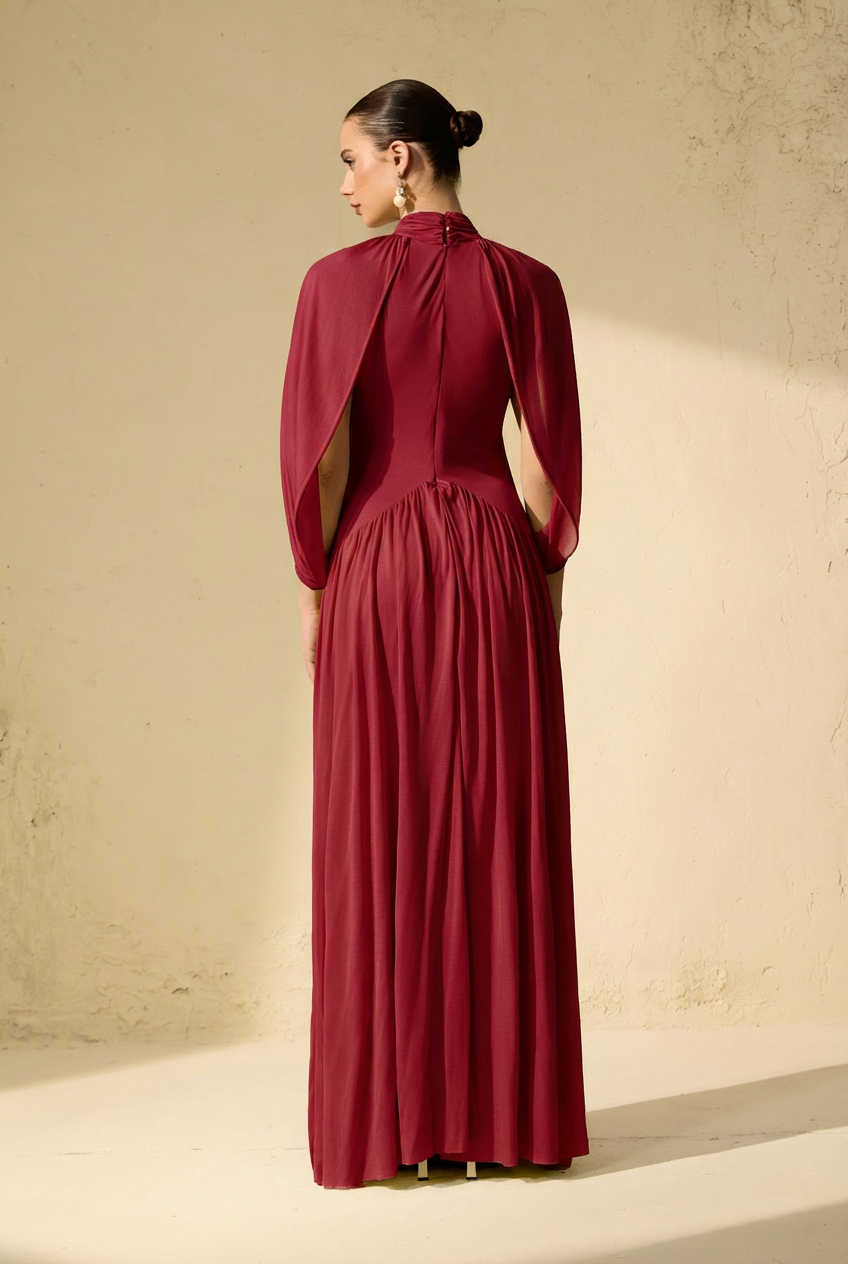 Elegant Red Draped Cape Sleeve Maxi Dress