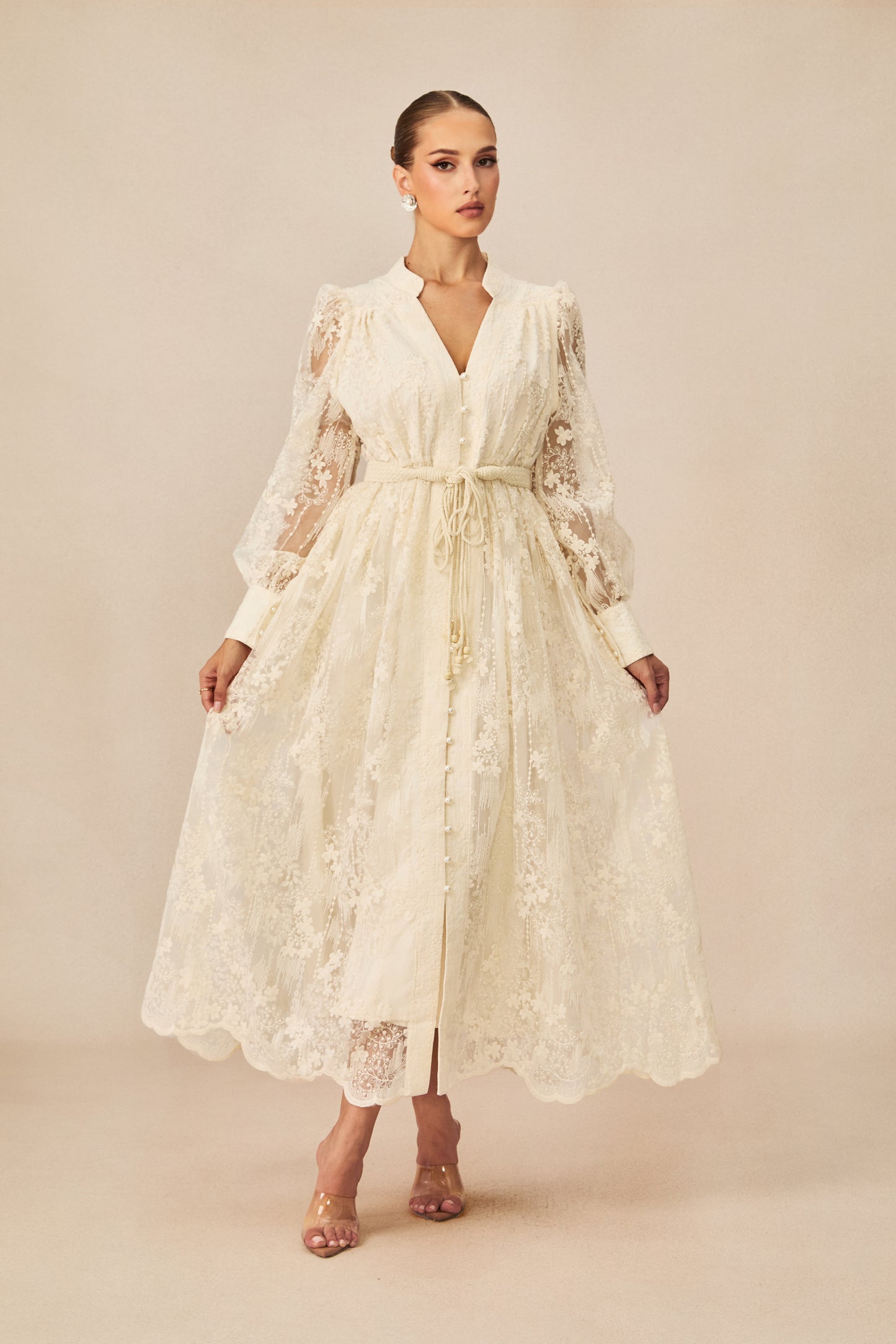 Modern Vintage Sakura Embroidered Lace Midi Dress