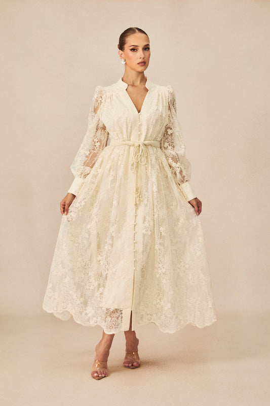 Modern Vintage Sakura Embroidered Lace Midi Dress