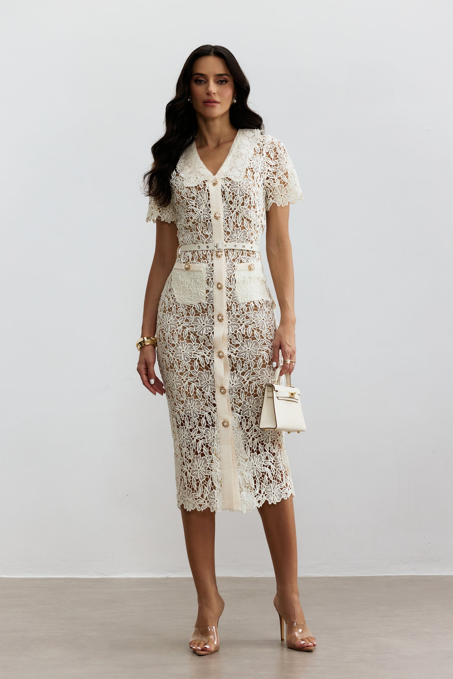 Trendy V-Neck Embroidered Lace Midi Dress
