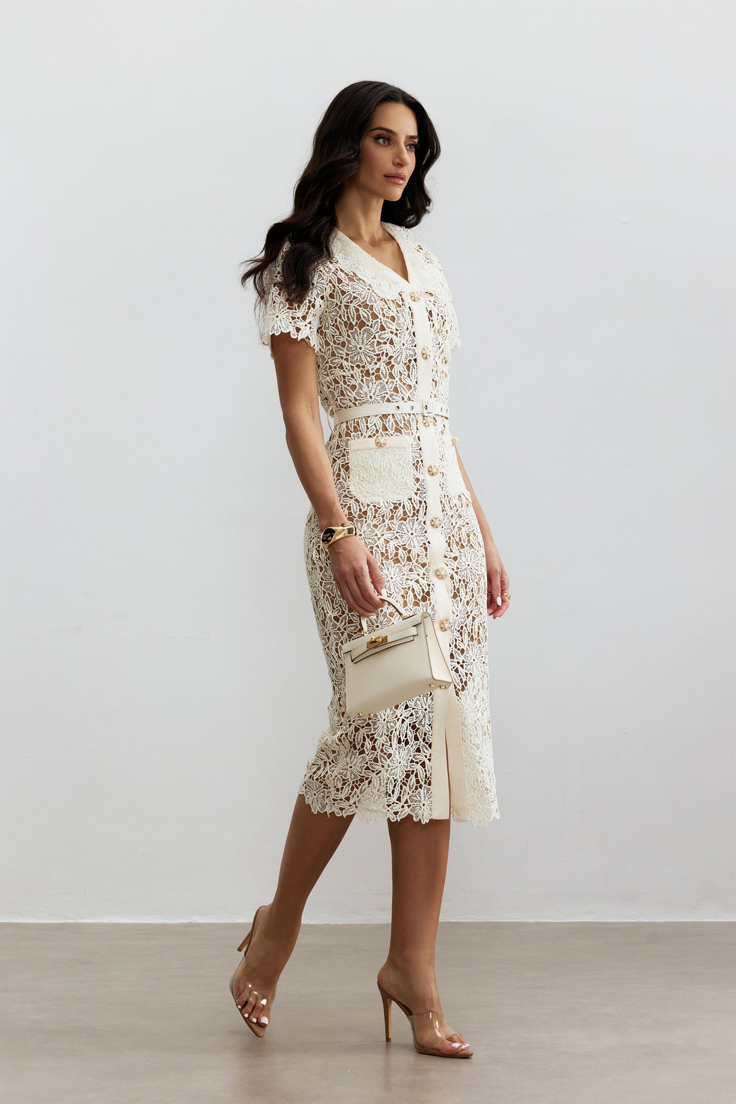 Trendy V-Neck Embroidered Lace Midi Dress