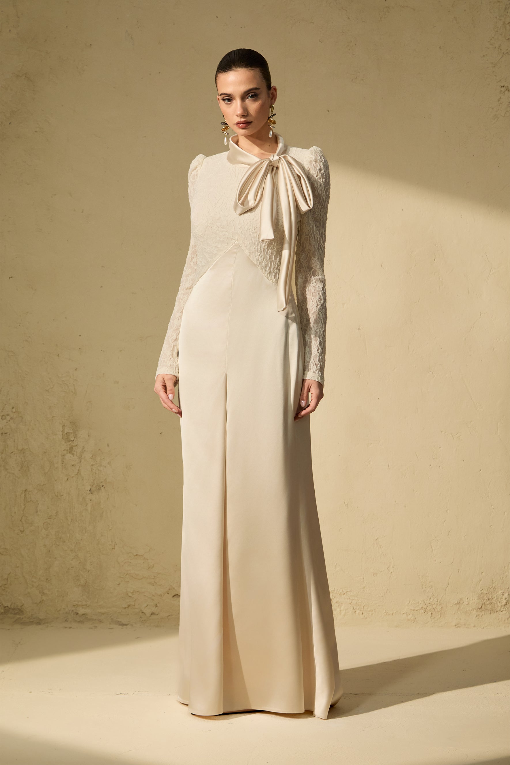 Elegant White Bow Neck Lace Maxi Dress