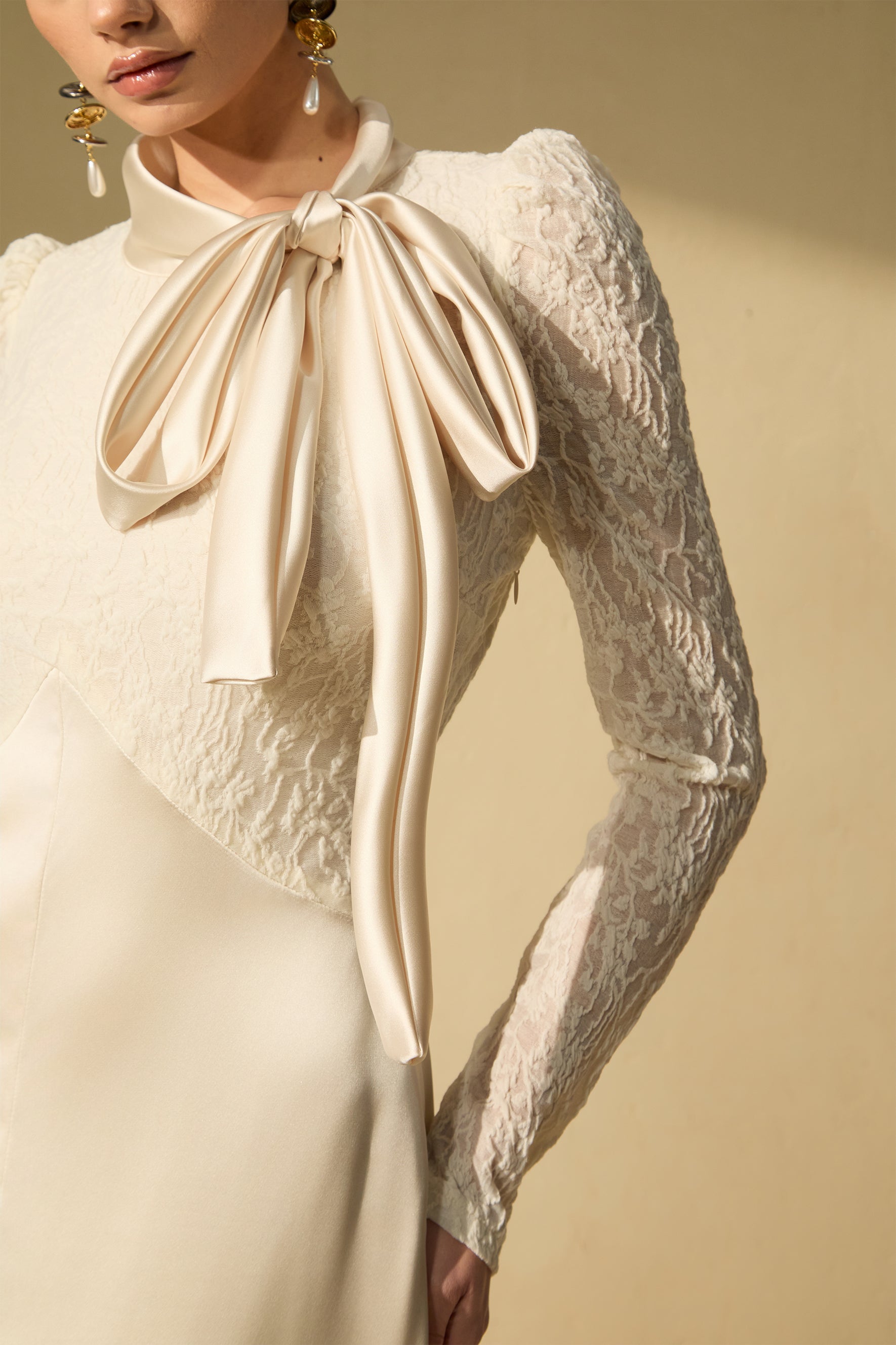 Elegant White Bow Neck Lace Maxi Dress