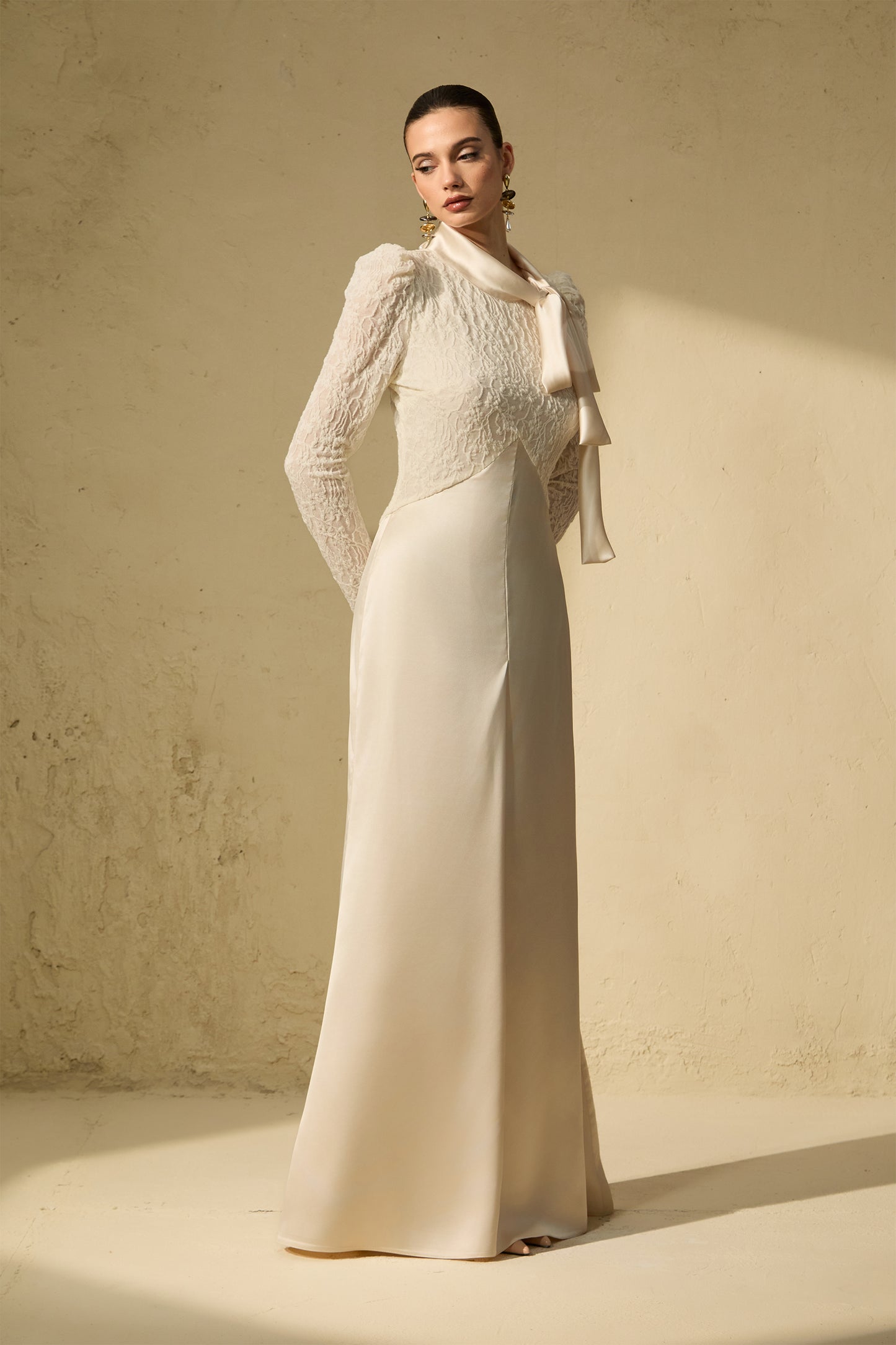 Elegant White Bow Neck Lace Maxi Dress