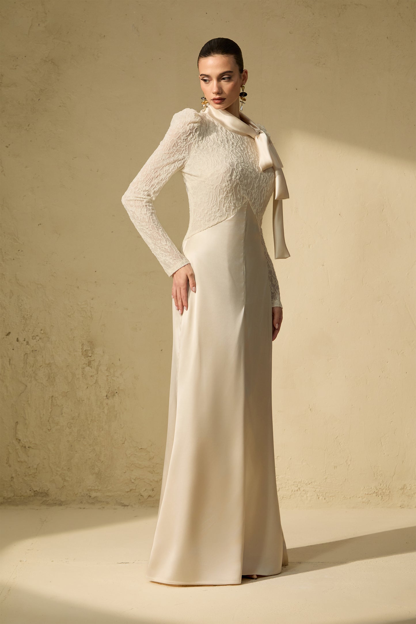 Elegant White Bow Neck Lace Maxi Dress