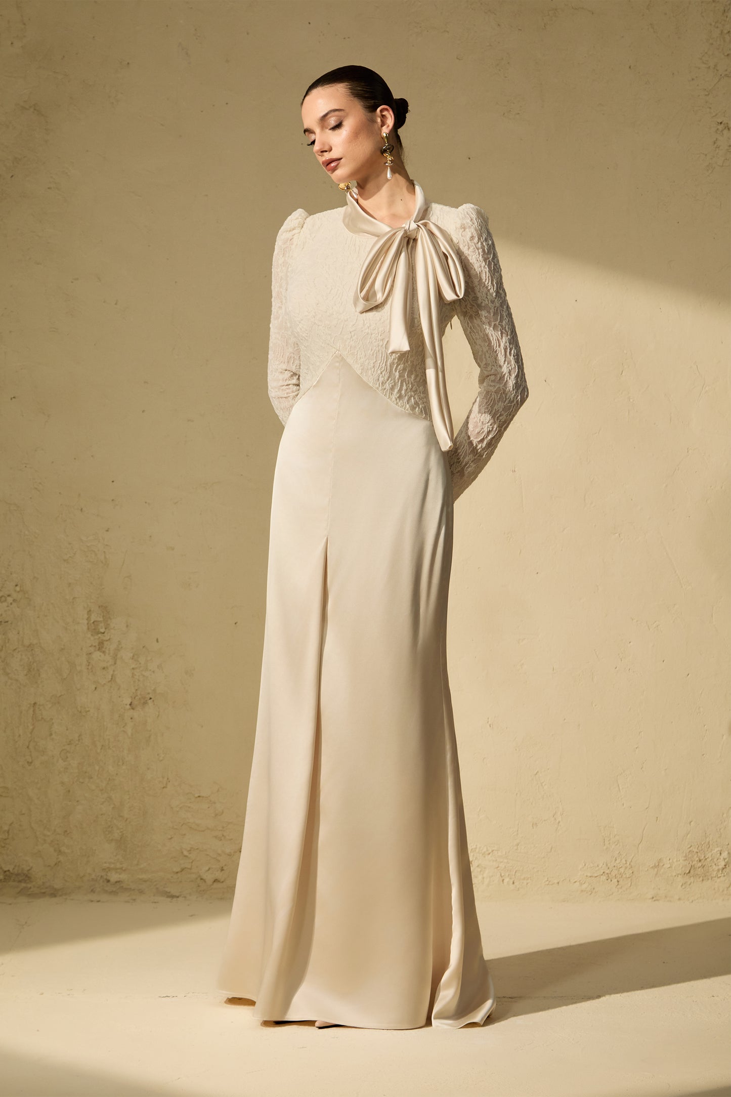 Elegant White Bow Neck Lace Maxi Dress