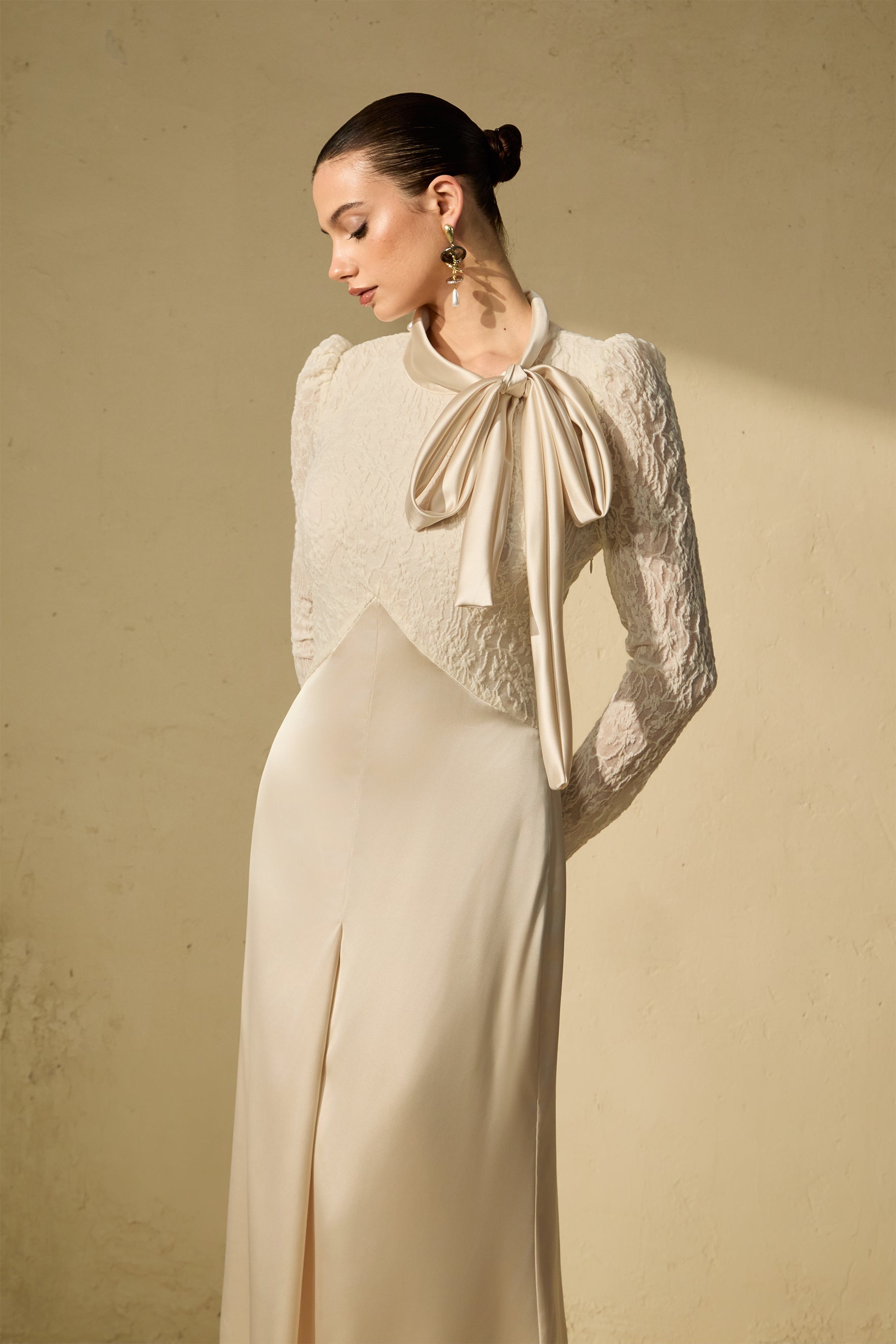 Elegant White Bow Neck Lace Maxi Dress