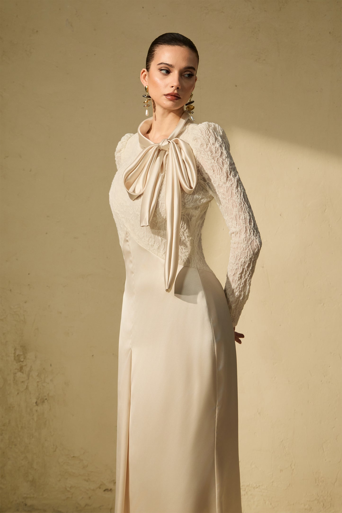 Elegant White Bow Neck Lace Maxi Dress