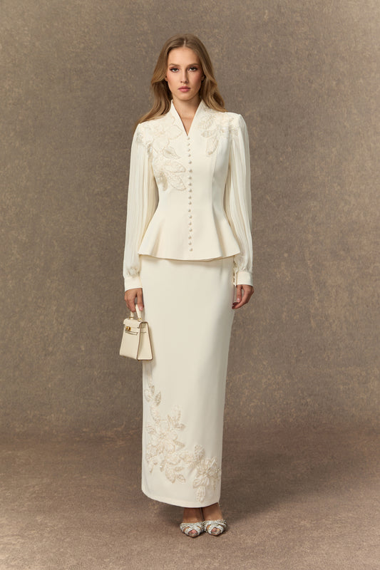 Classy White Floral Embroidered Skirt Set