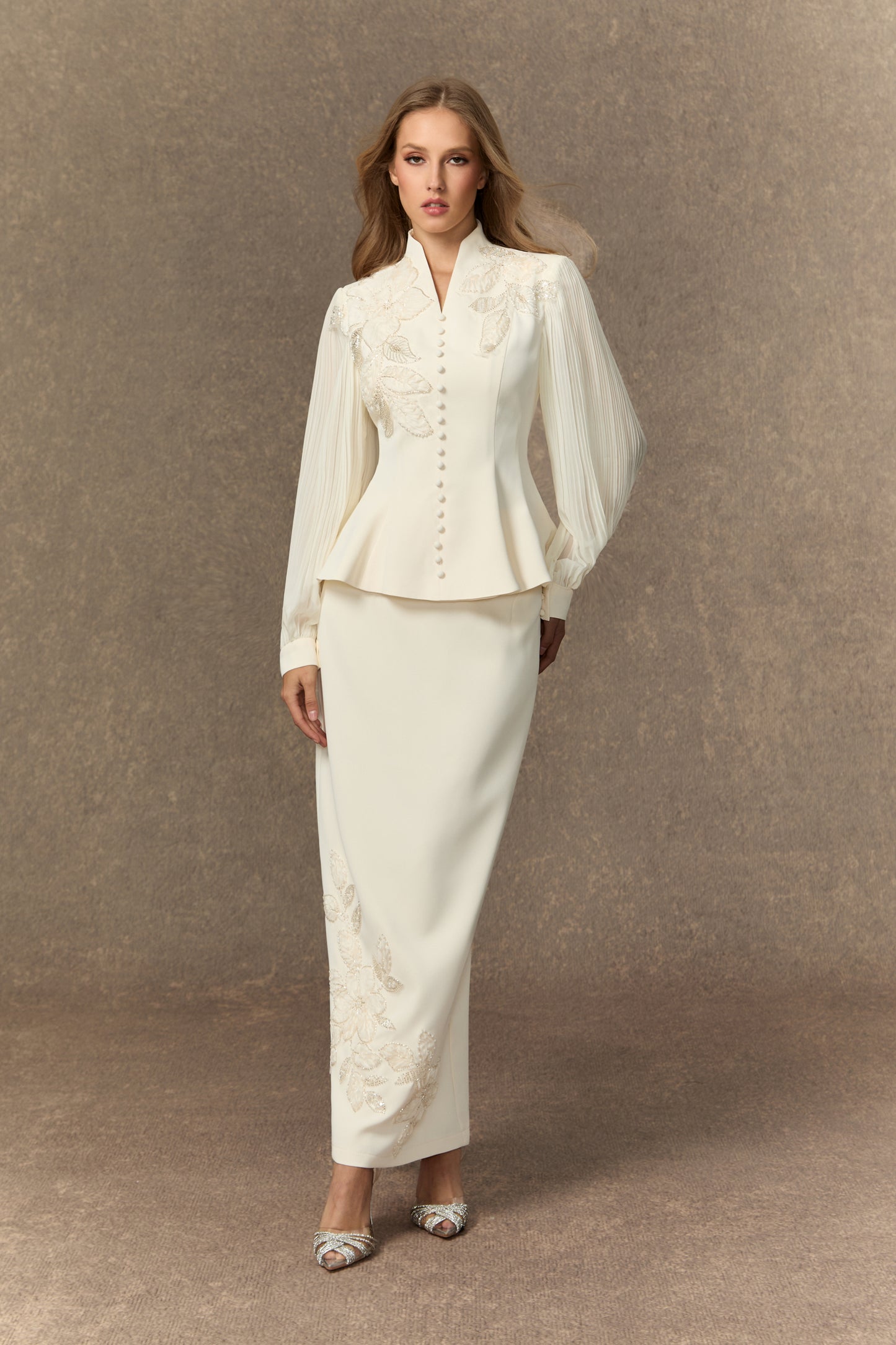 Classy White Floral Embroidered Skirt Set