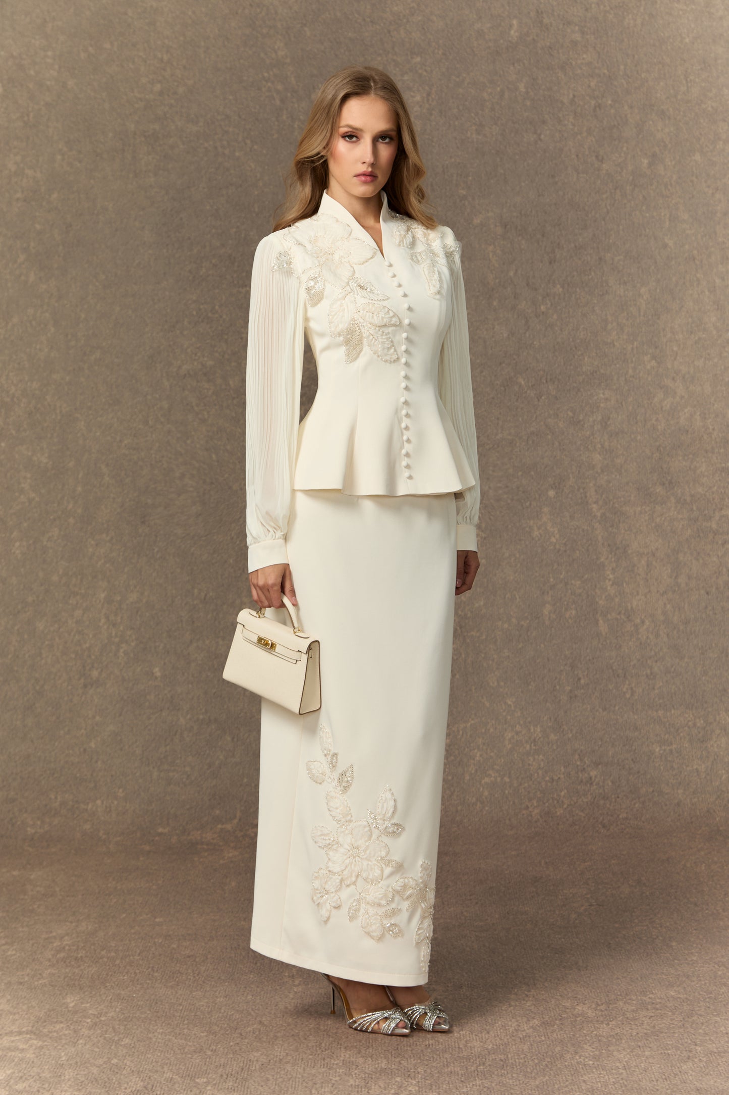 Classy White Floral Embroidered Skirt Set