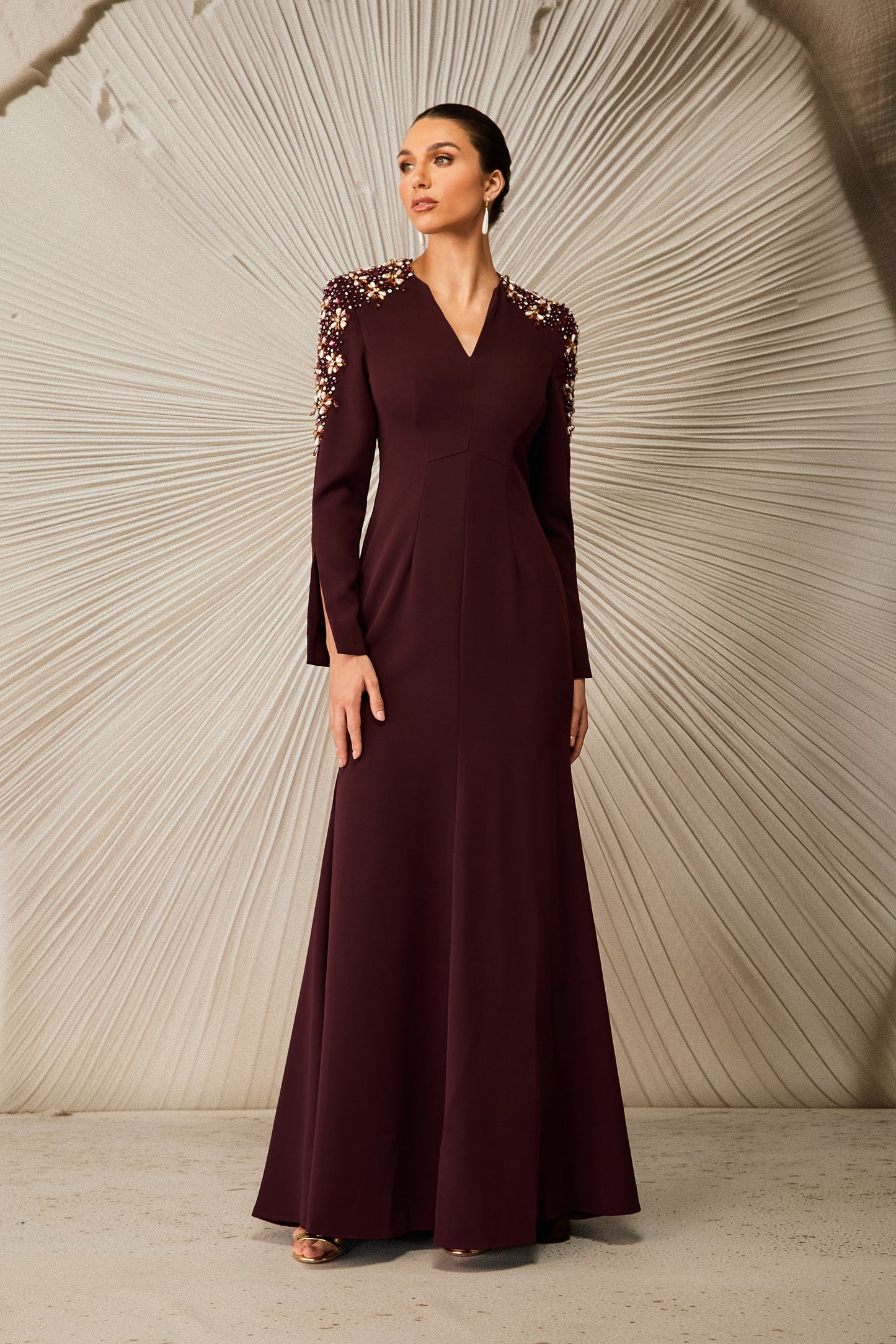 Embellished V-Neck Maxi Dress with Crystal Accents