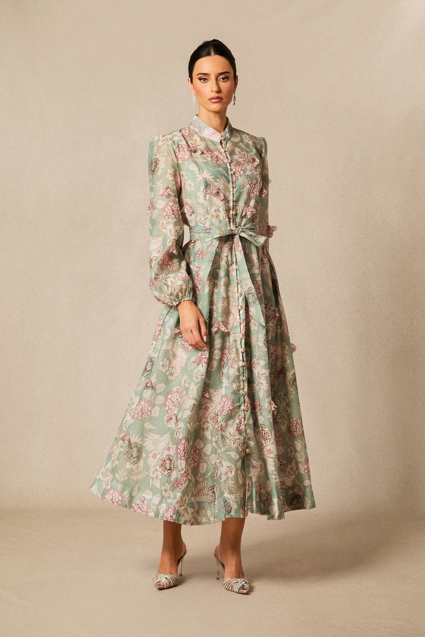 Floral Long Sleeve Midi Dress with Tie Belt
