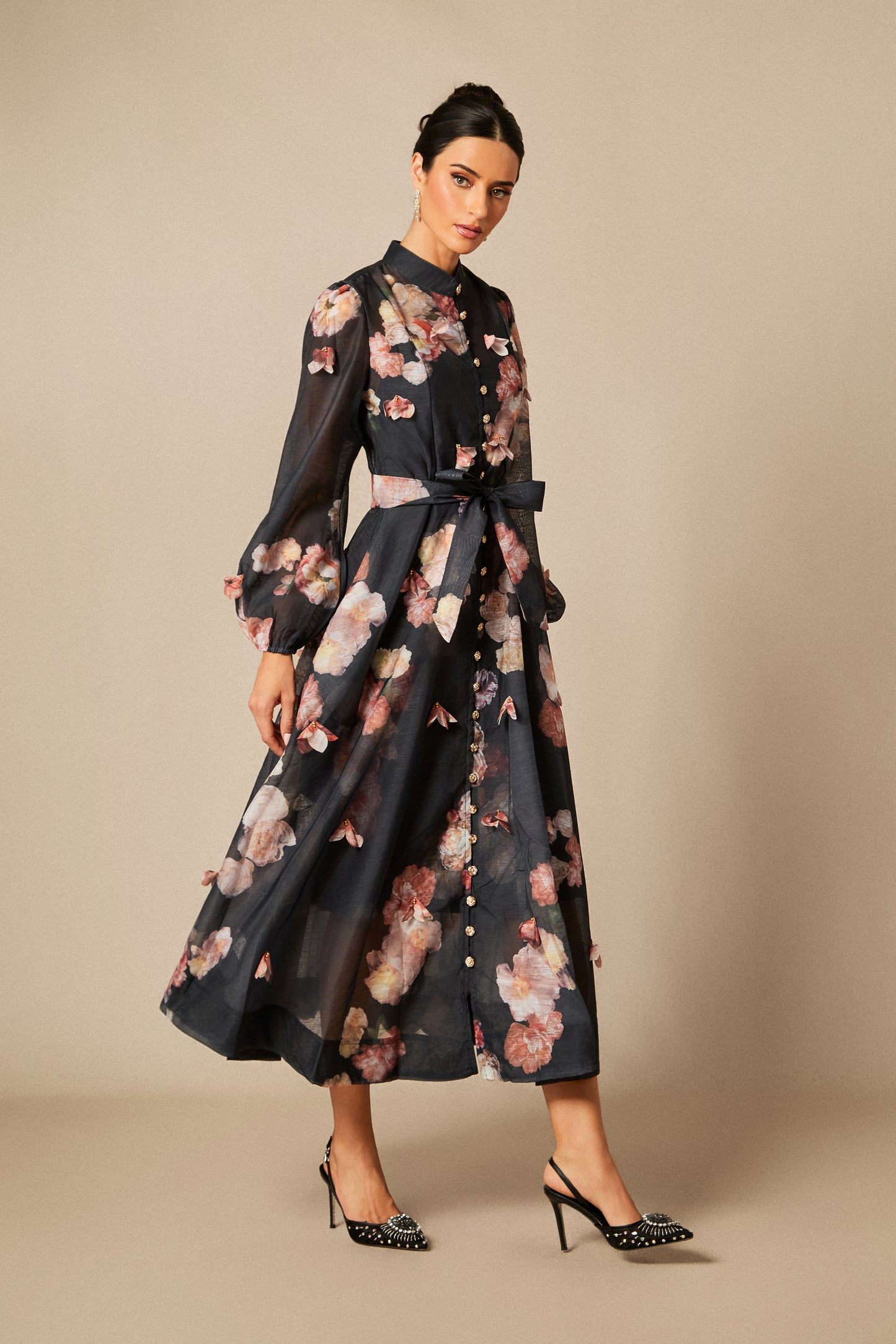 Floral Long Sleeve Midi Dress with Tie Belt