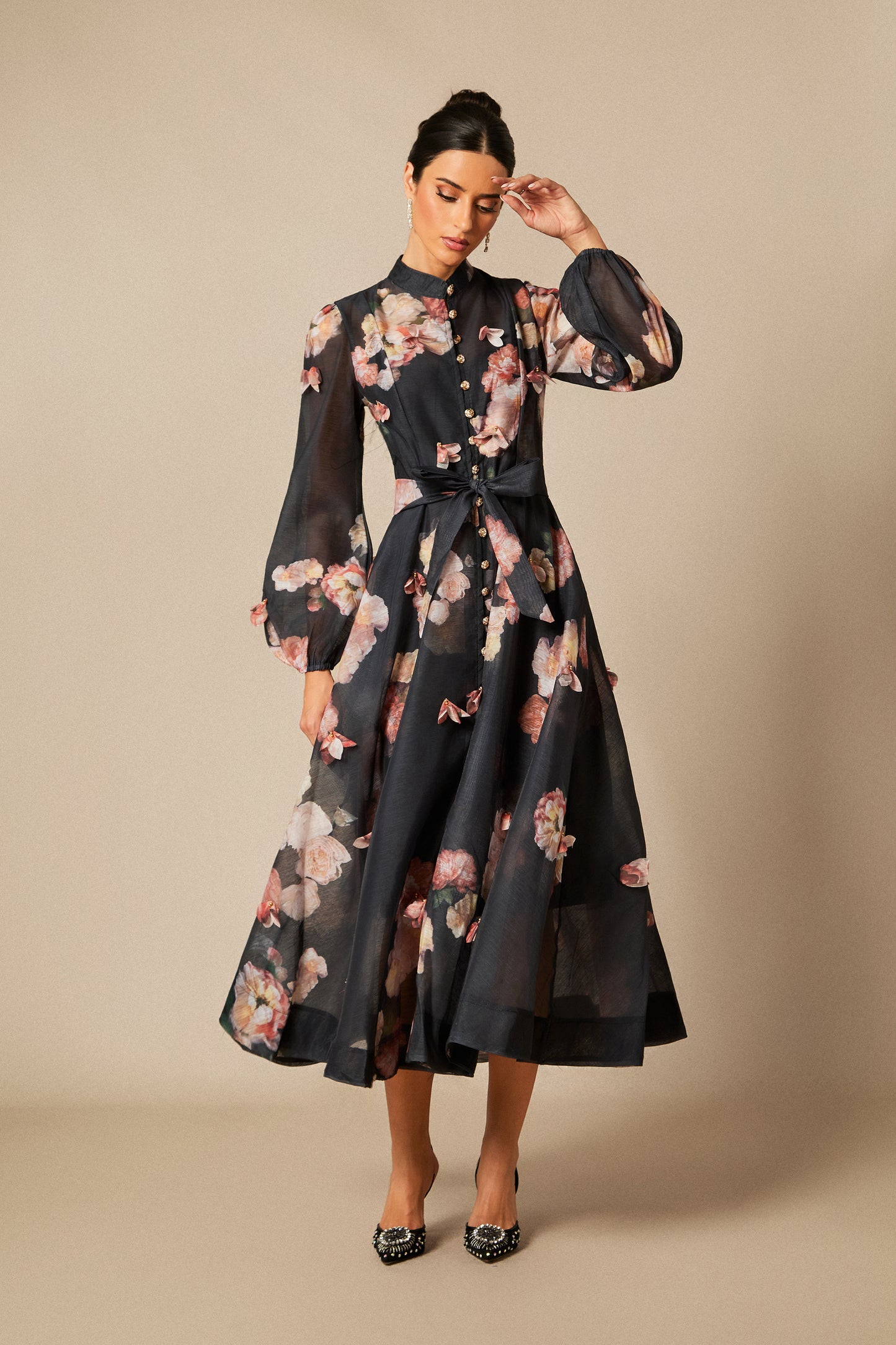 Floral Long Sleeve Midi Dress with Tie Belt