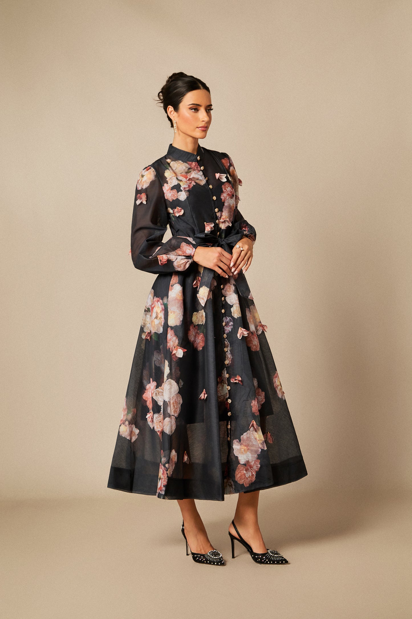 Floral Long Sleeve Midi Dress with Tie Belt