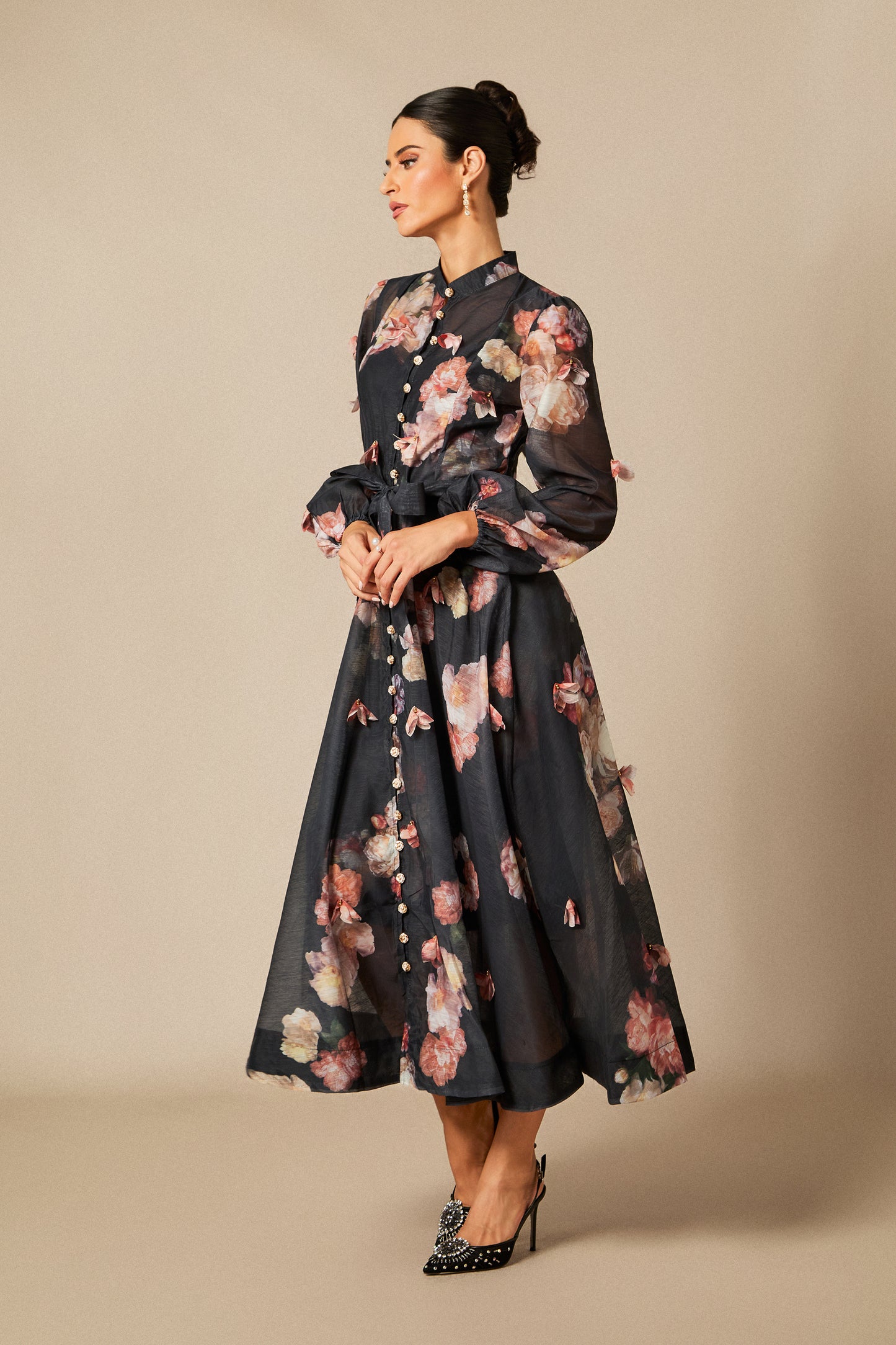 Floral Long Sleeve Midi Dress with Tie Belt