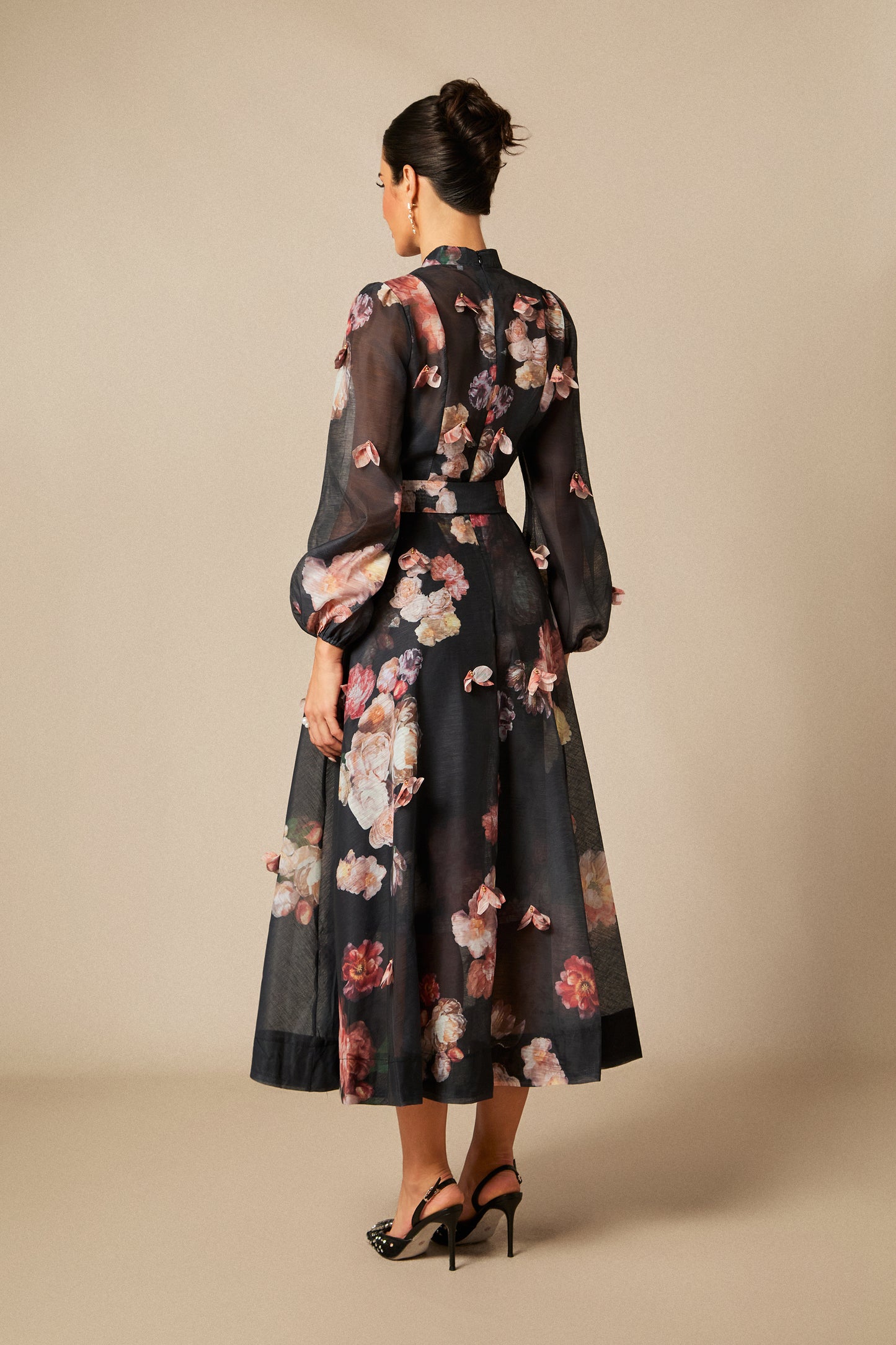 Floral Long Sleeve Midi Dress with Tie Belt