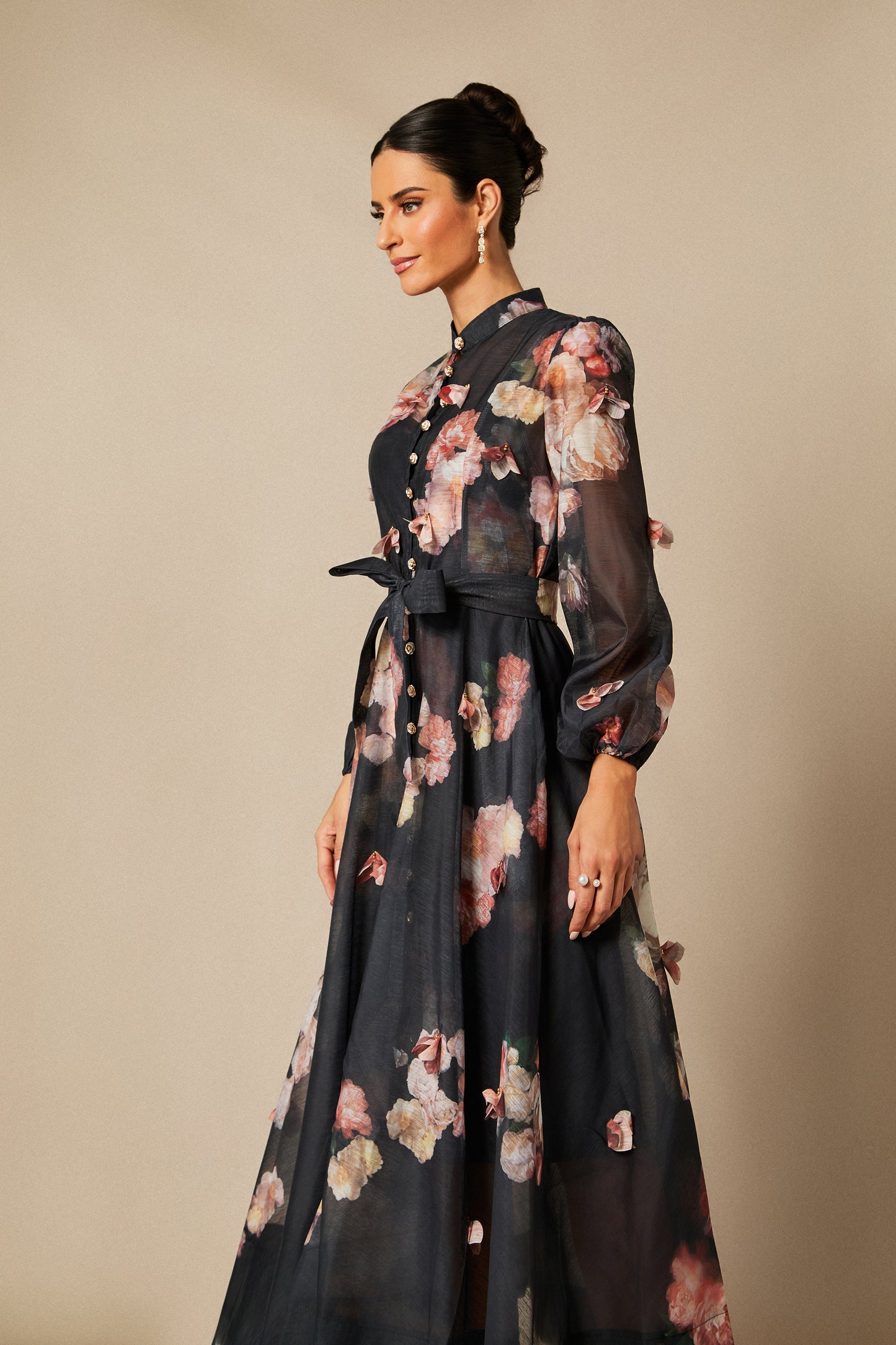 Floral Long Sleeve Midi Dress with Tie Belt
