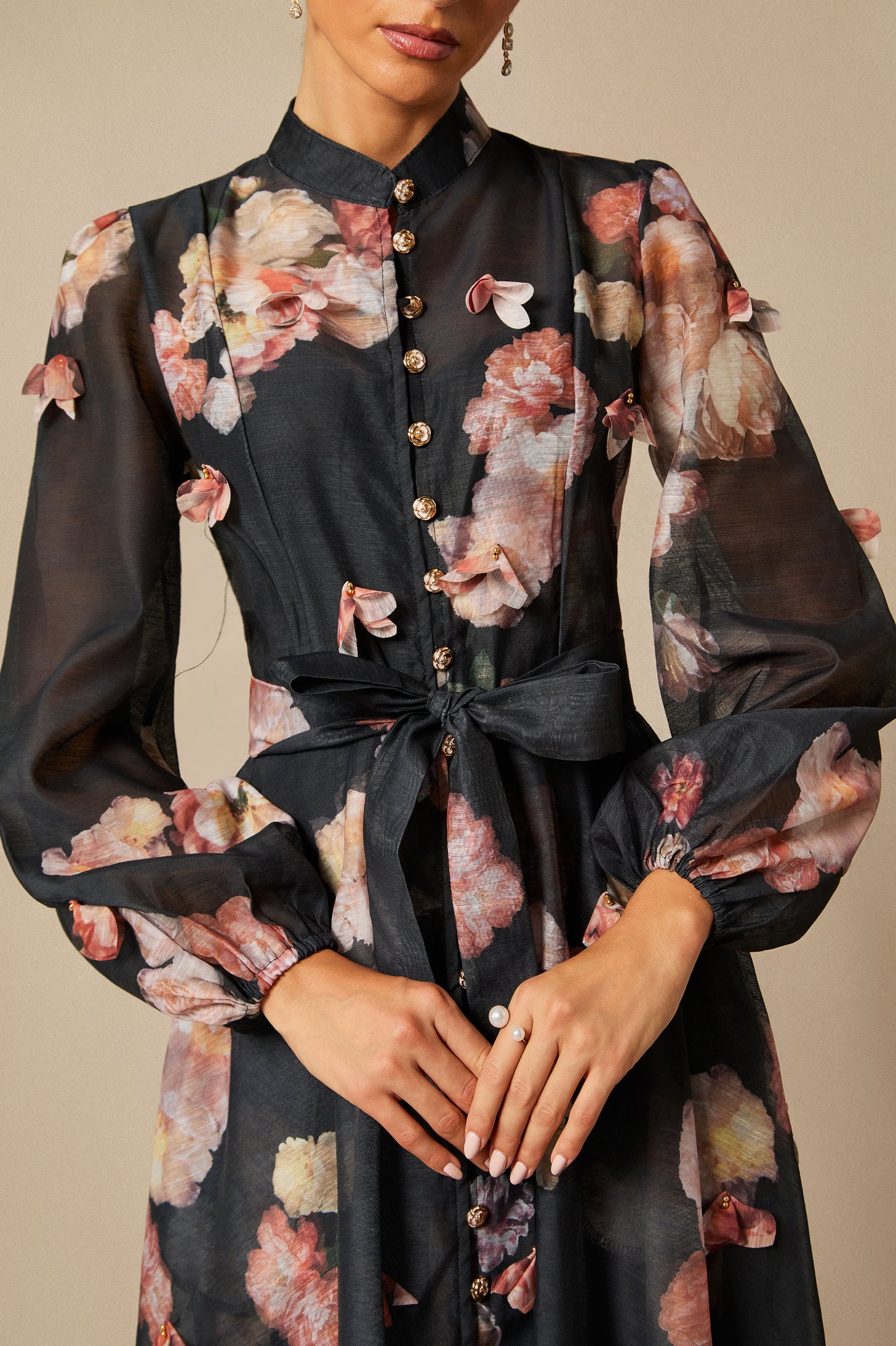 Floral Long Sleeve Midi Dress with Tie Belt