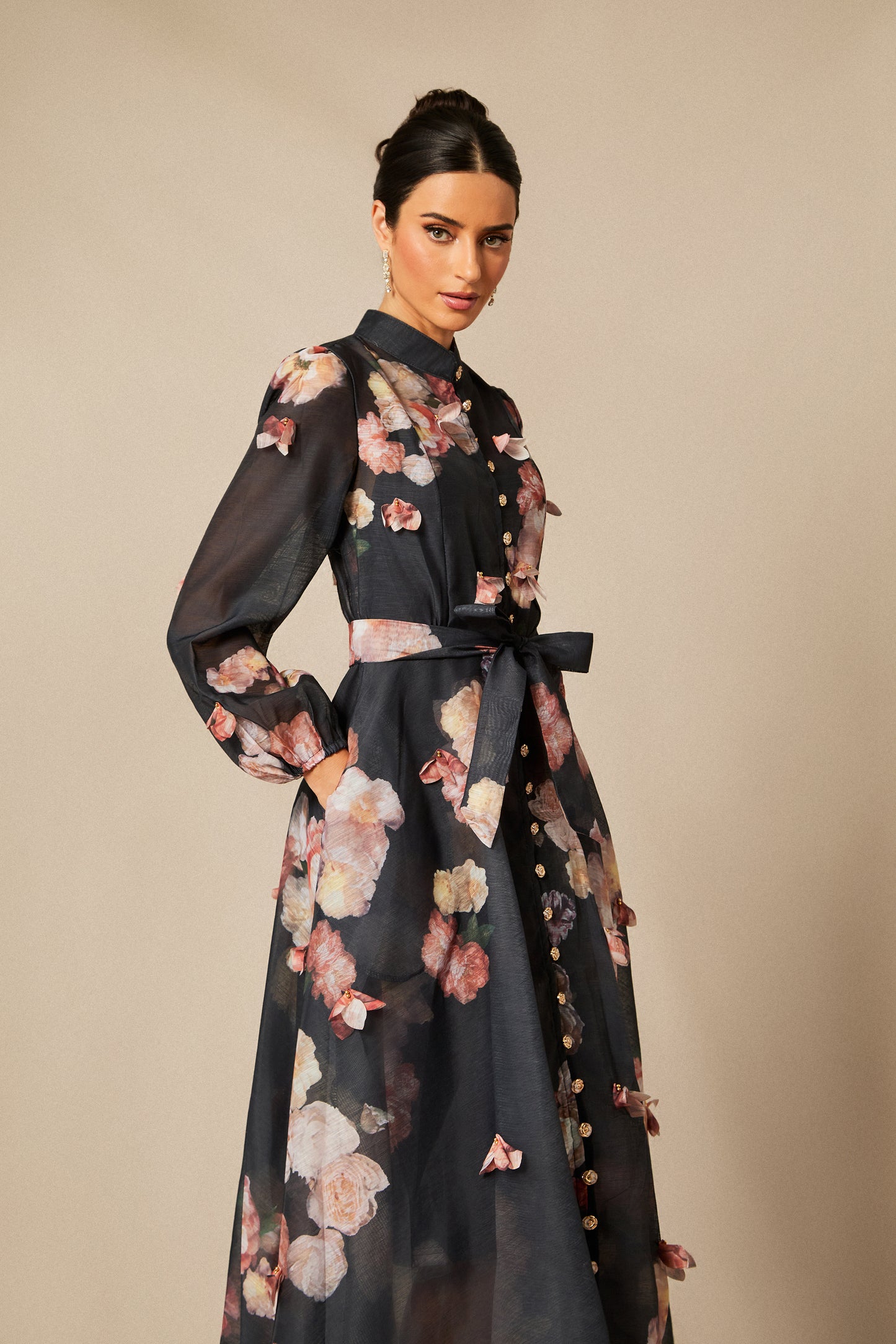 Floral Long Sleeve Midi Dress with Tie Belt