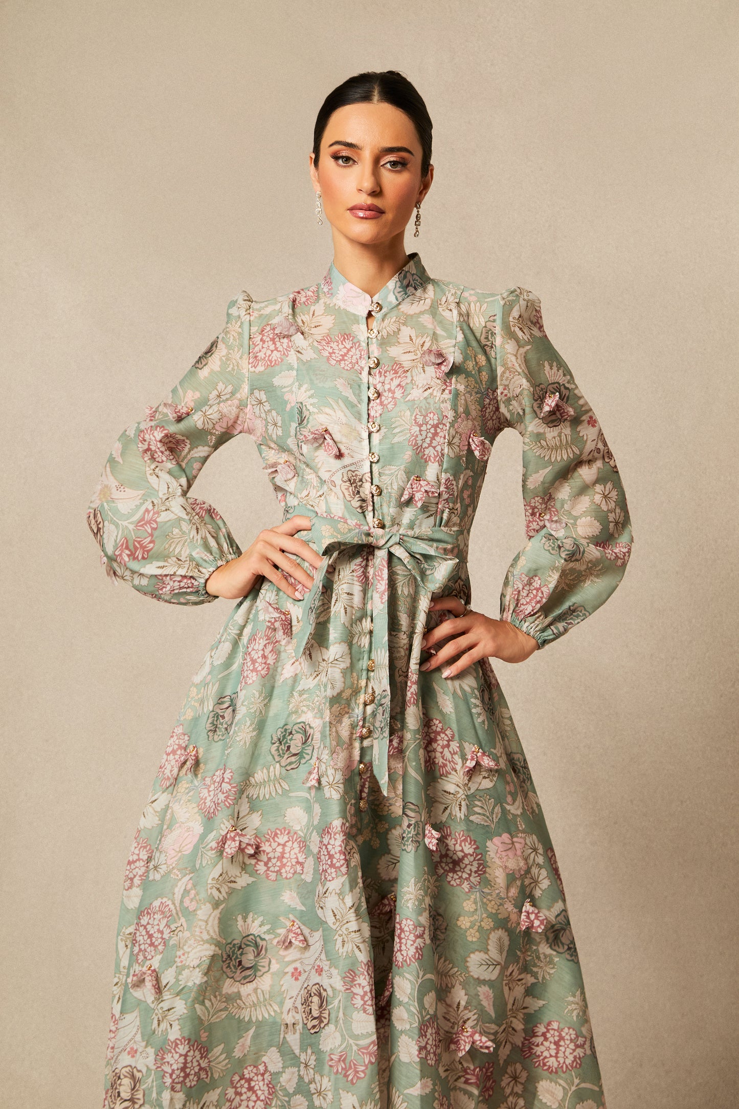 Floral Long Sleeve Midi Dress with Tie Belt