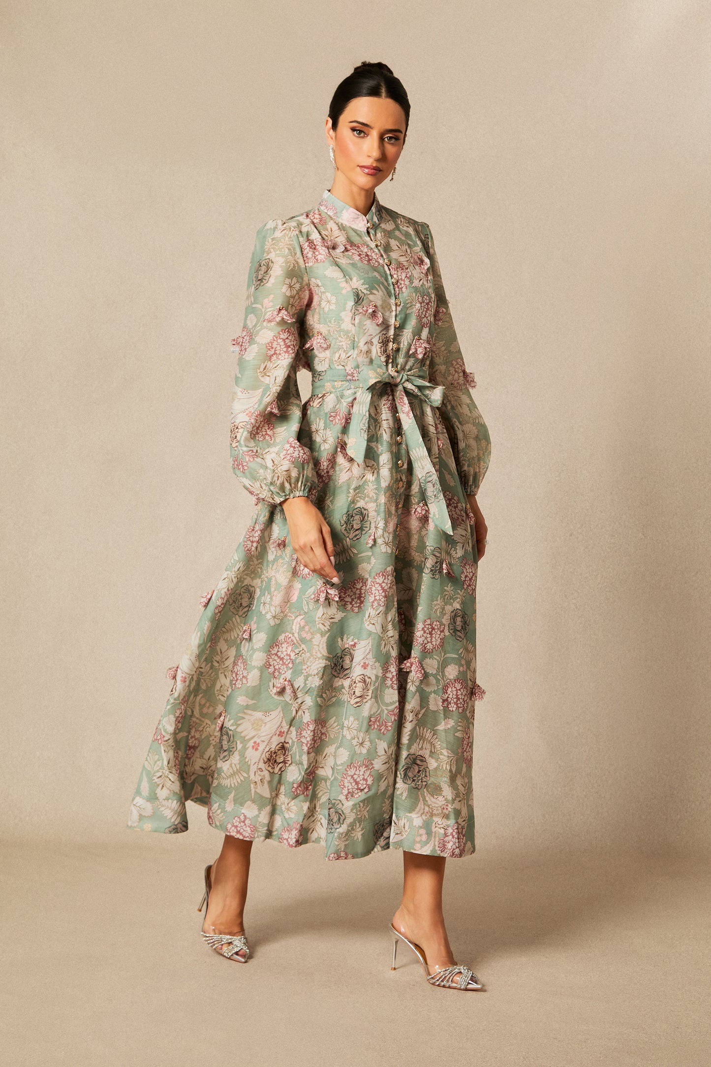 Floral Long Sleeve Midi Dress with Tie Belt