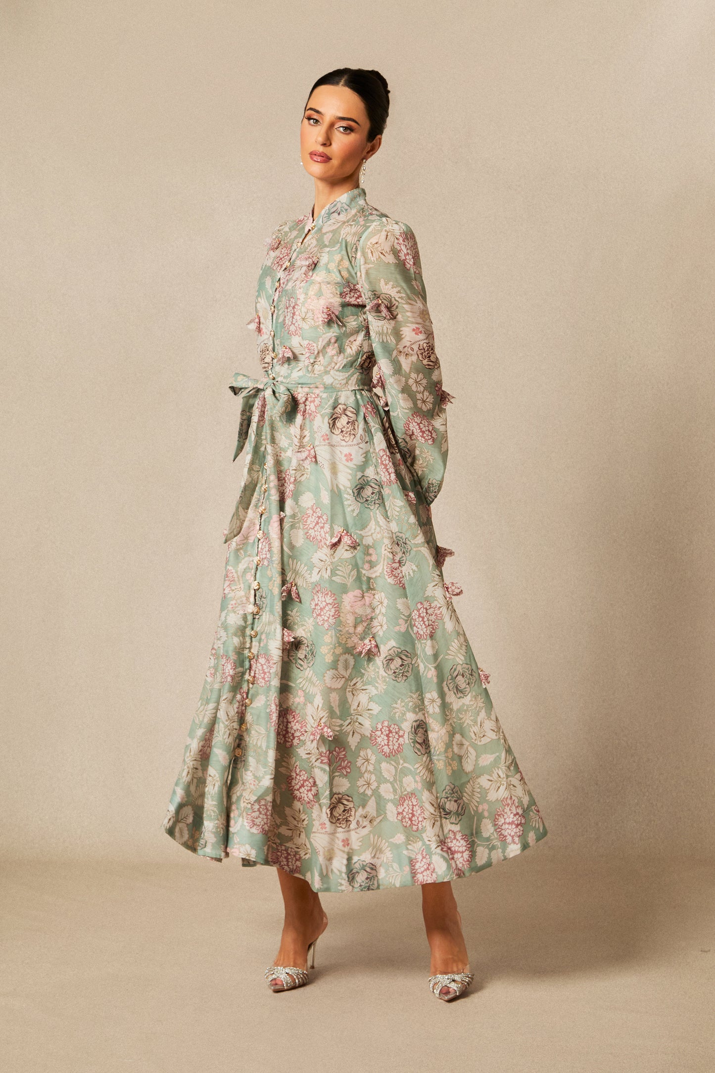 Floral Long Sleeve Midi Dress with Tie Belt