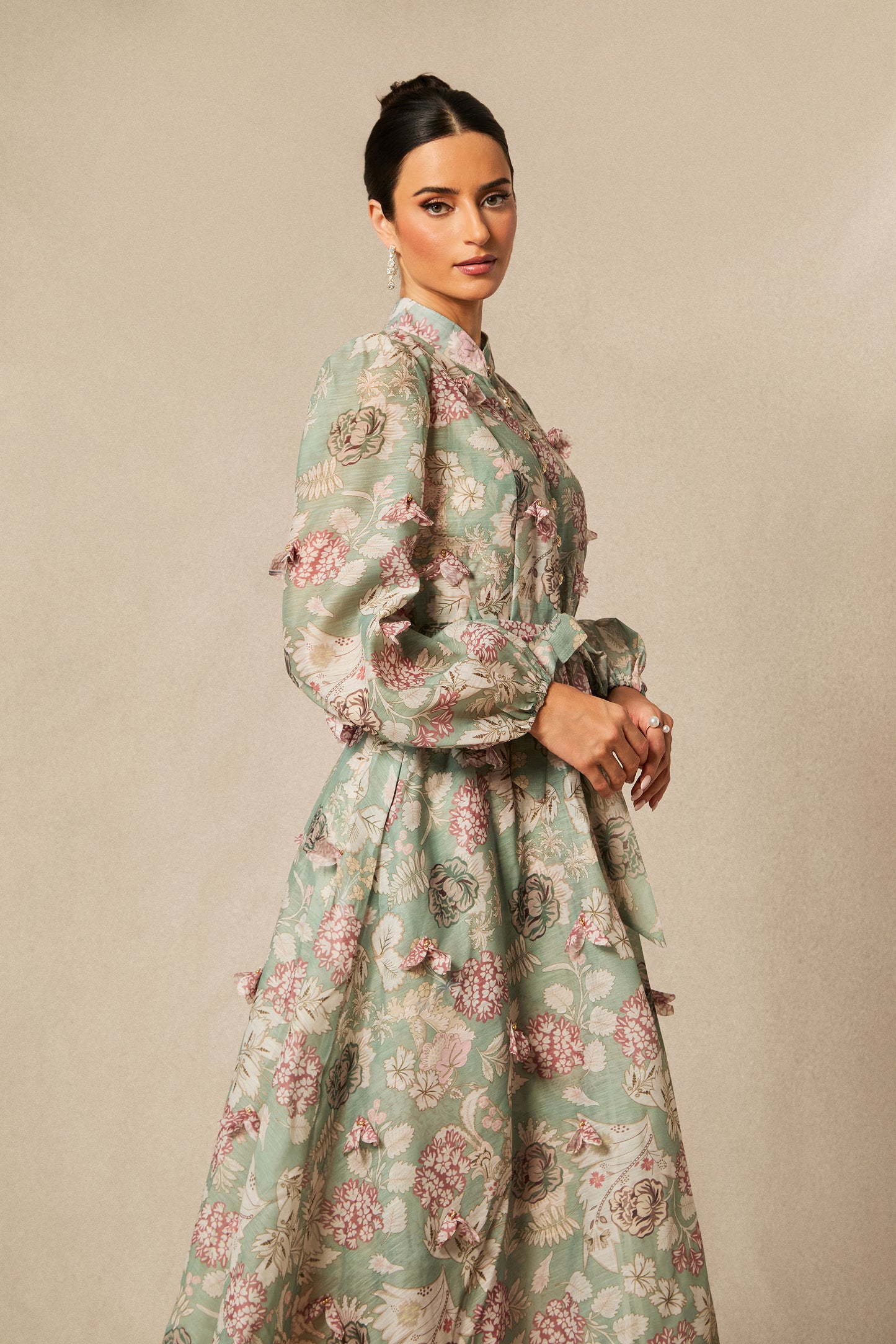Floral Long Sleeve Midi Dress with Tie Belt