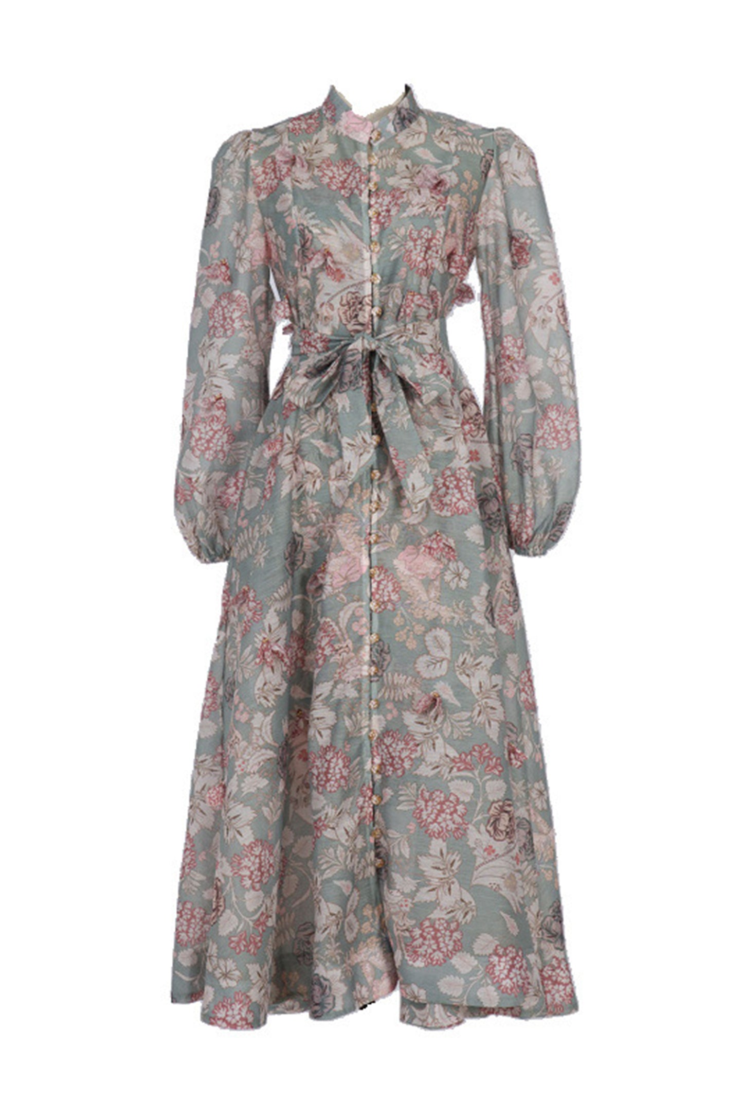 Floral Long Sleeve Midi Dress with Tie Belt