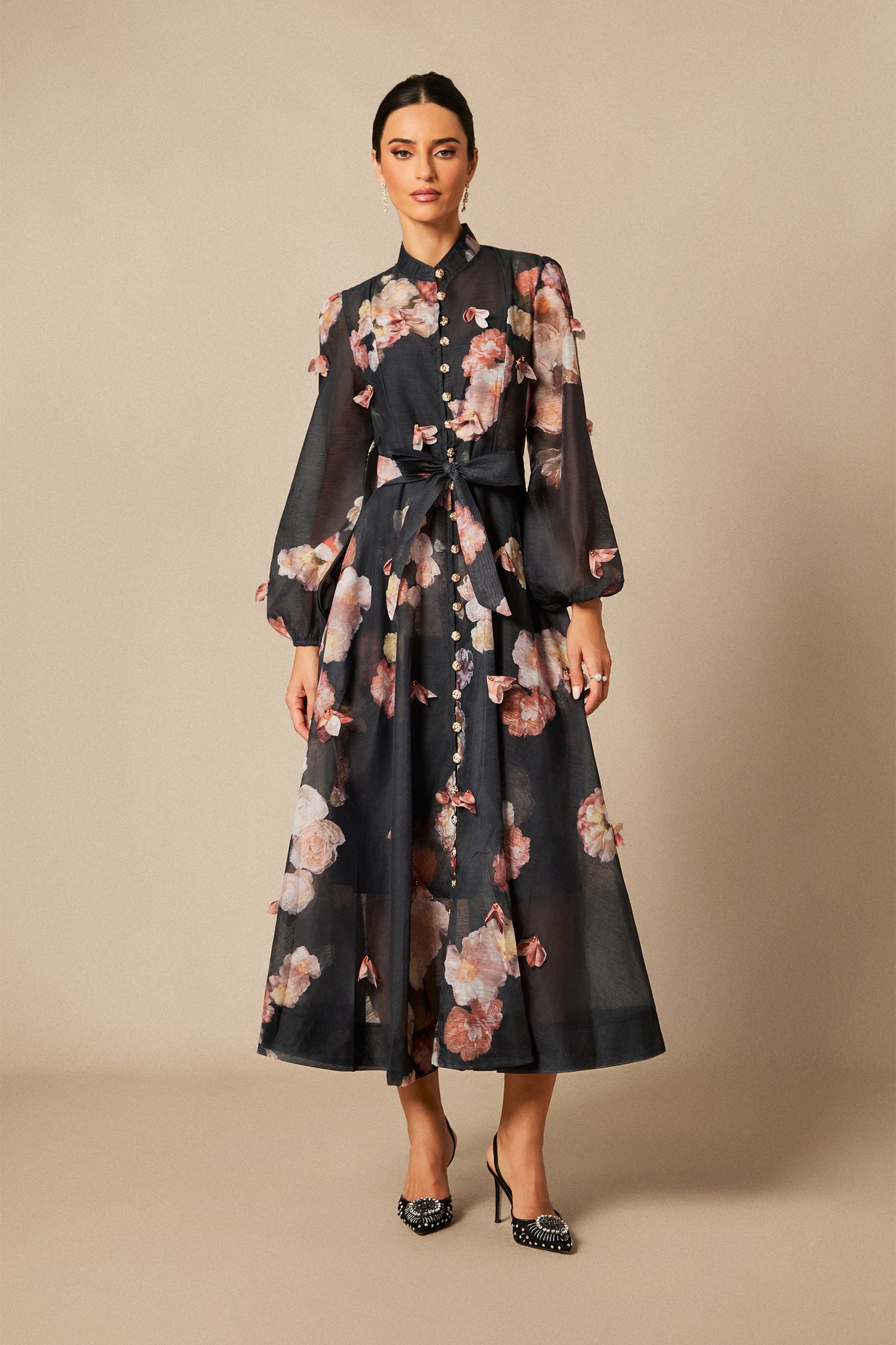 Floral Long Sleeve Midi Dress with Tie Belt