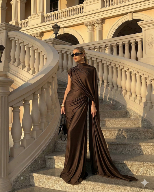 Flowy Cape Sleeve Maxi Dress with Ruched Bodice