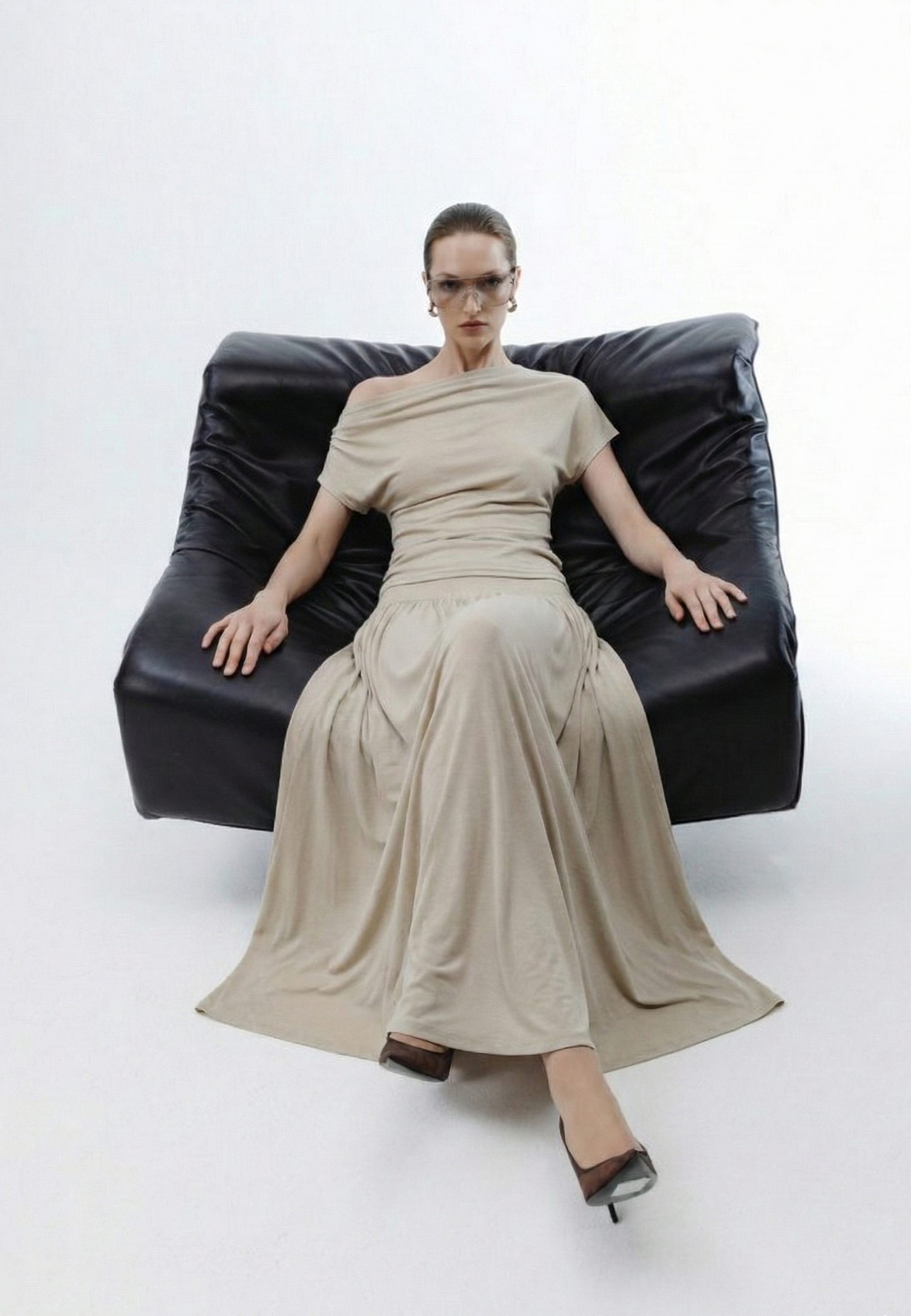 Polyester Pleated Asymmetrical Top and Drapey Midi Skirt