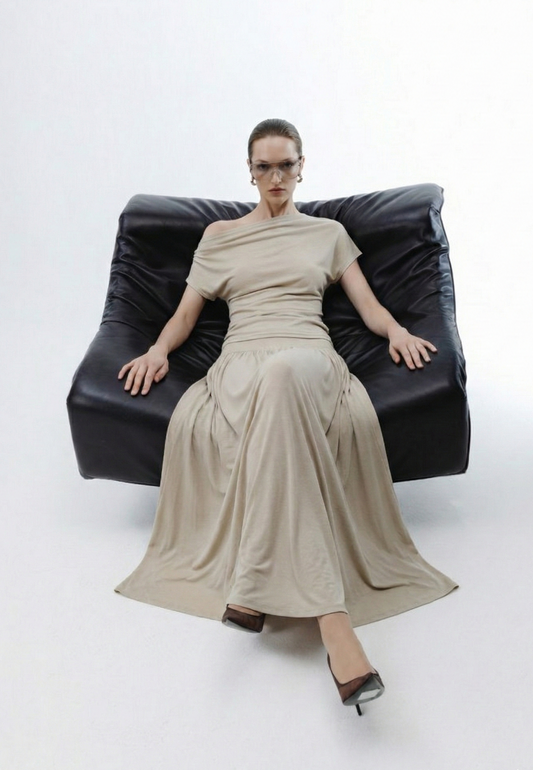 Polyester Pleated Asymmetrical Top and Drapey Midi Skirt