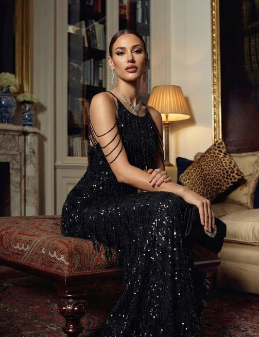 Black Sequin Cocktail Dress - Backless with Fringe