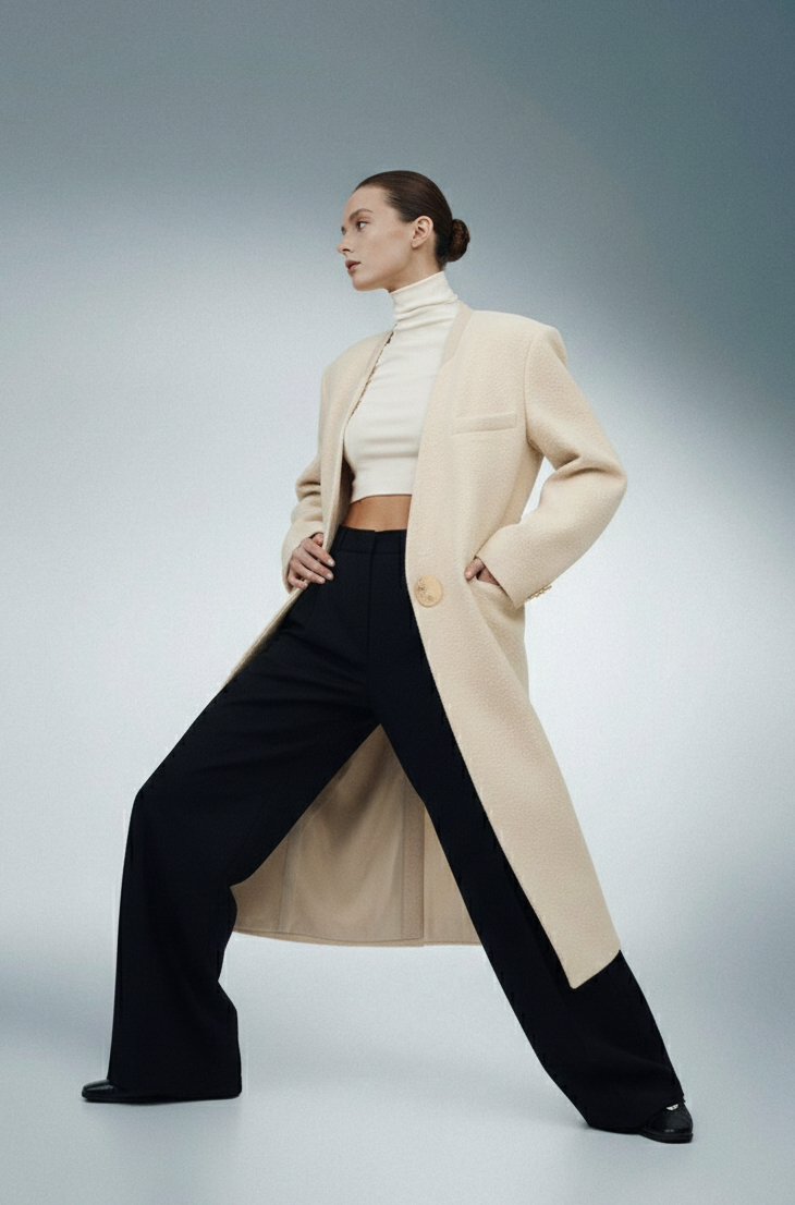 معطف صوفي طويل - بدون ياقة بزر واحد